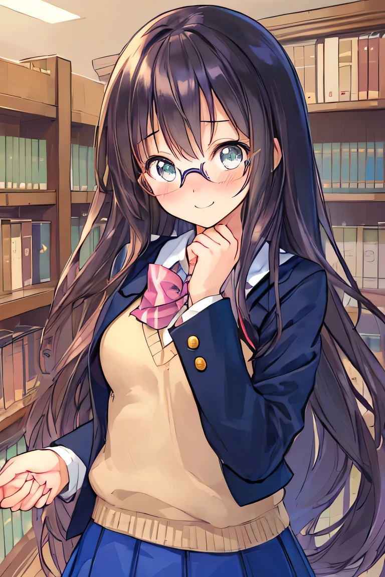 ((masterpiece)), ((highest quality)), (super detailed), (cute), figure, anime style, Upper body, in the middle, Upper body focus, 1 girl, cute girl, figure書館, Are standing, cute, (beautiful eyes), beautiful straight long hair, dark blown hair, slim, thin, small breasts, surprised, Glasses, figure書館 scene, reach out your hand, Touching hands, embarrassing, shy, bookshelf, awkward encounter, Blazer Uniform, I'm hesitant, comminicate, fiction reading, gentle smile, shine, blush.
