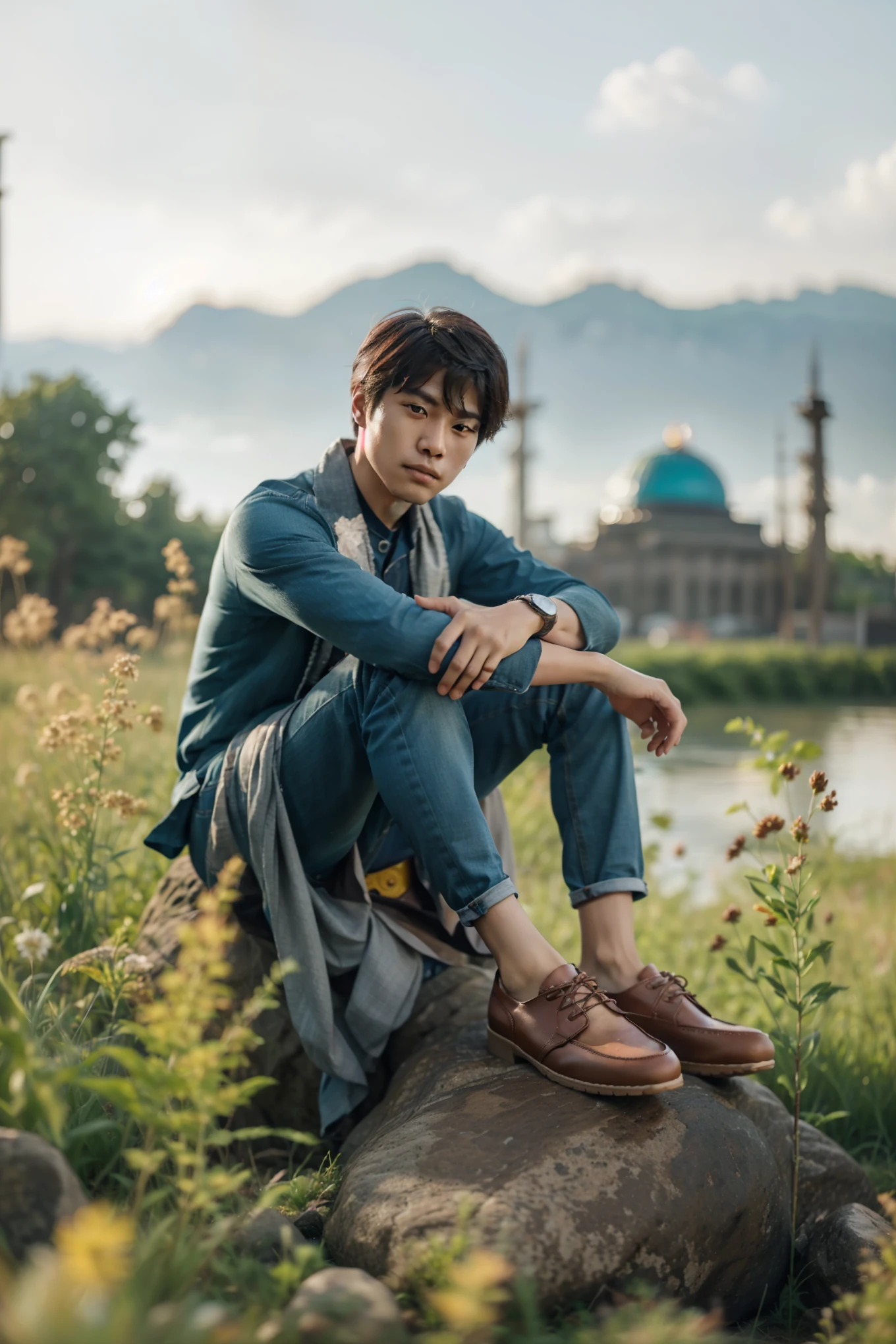 arafed asian man sitting on a rock in a field, casual photography, high quality portrait, casual pose, male ulzzang, jung jaehyun, mid shot portrait, modeling photography, sitting on a rock, photoshoot, cinematic outfit photo, portrait shot, character photography, beautiful androgynous prince, south korean male, realistic photography, sitting on the ground