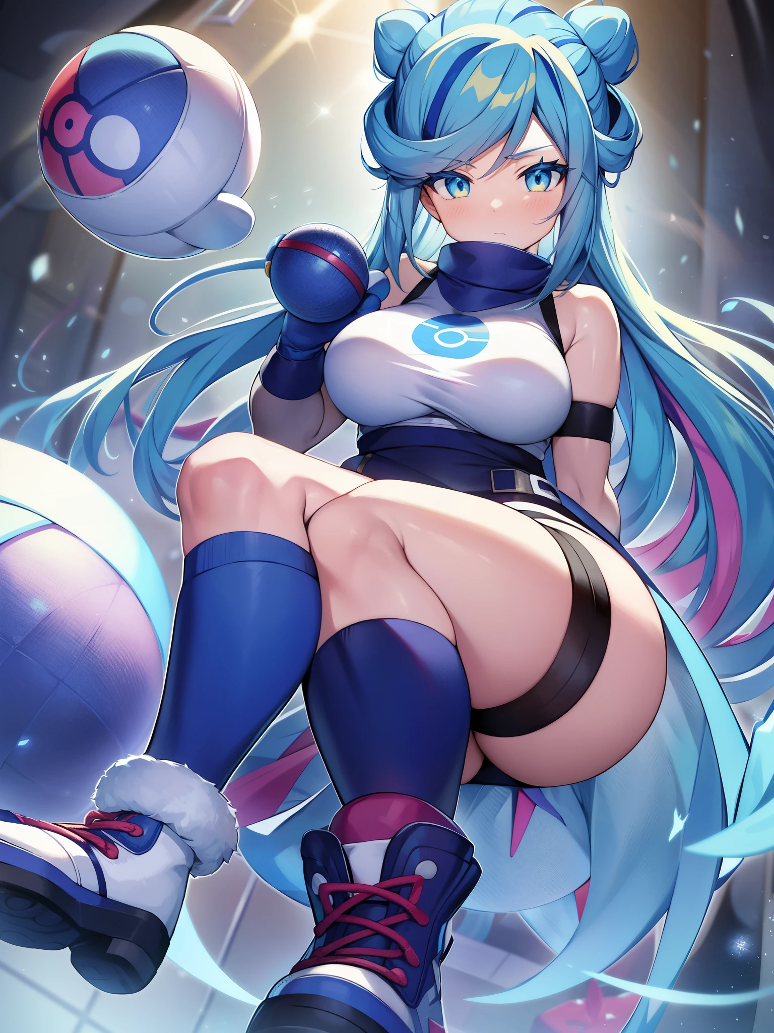 Pokémon、snow mountain、Pokemon Scarlet Violet、Grusha、solo、1 person、big tits milf、big tits milf、Napeyama Gym Gym Leader。absolute zero trick、Ice Pokemon Trainer、Her hairstyle is long, light blue, half-up, and has a yellow gradation.、Wearing a yellow sweater with distinctive shoulders、He wears a muffler decorated with monster balls raised to his mouth.、On his feet, he wears blue boots for cold regions.