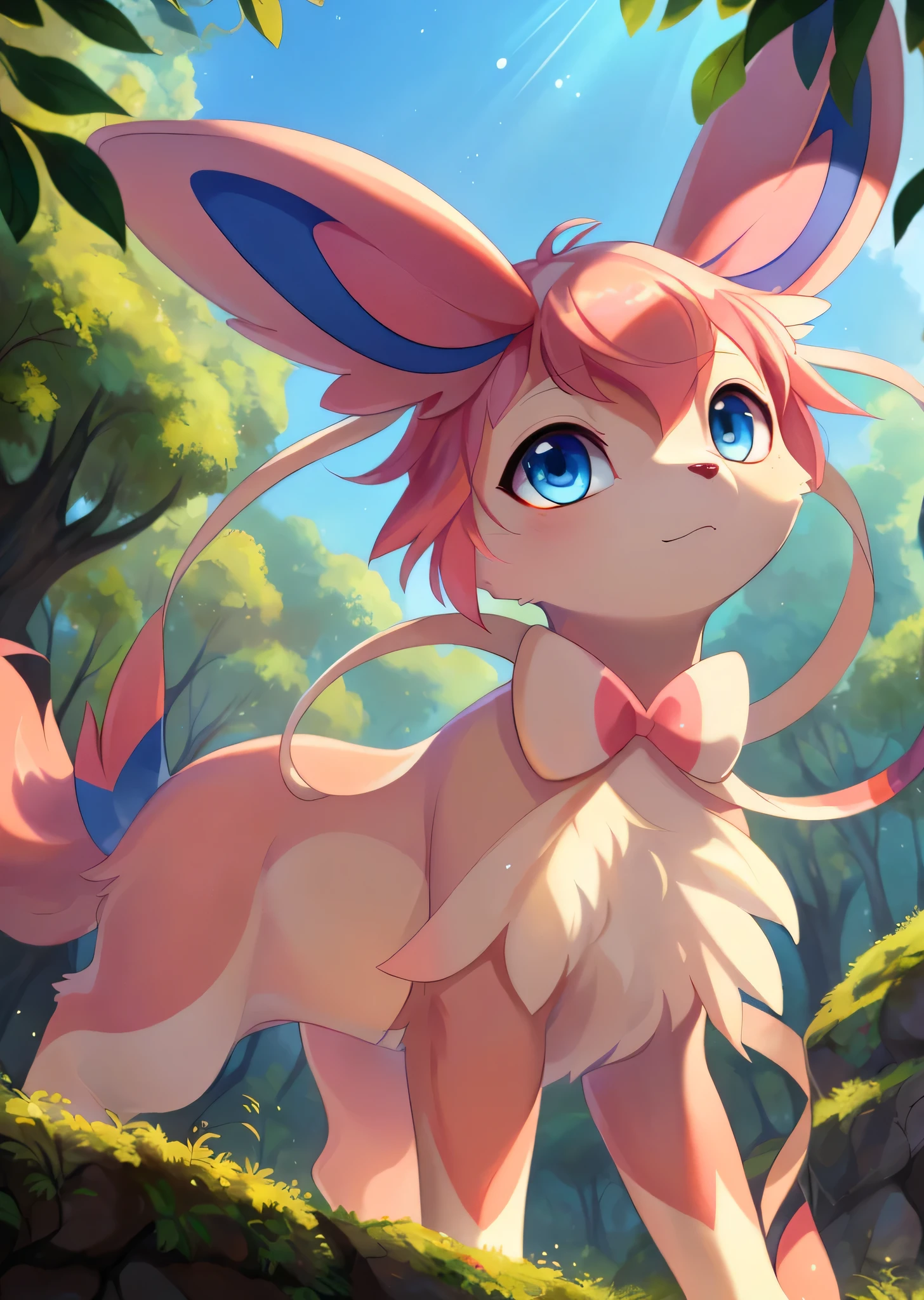 Uploaded to e621, ((Isaac Levitan, author：Rumiko Takahashi, author：Ephraim Moses Lilian, stay through logs, Cleared by glaciers)), Only chibi (quadruped:1.4) ((sylveon)) and ((white and pink and blue body)) and (pink hair, pink and white bow ribbon) and ((clear sky blue eyes)), (detailed sylveon), ((Fine fluffy fur)), (bust portrait, looking at the audience, three quarter view, [low angle view]:1.2), rest, (Detailed background, depth of field, half shadow, Sunlight, Ambient light hits the body), (complex:0.7), (high detail:1.2), (Unreal Engine:1.3), (sharp focus:1.1), [Explicit content, problematic content], (masterpiece, best quality, 4k, 2k, shadow, Ridiculous resources)