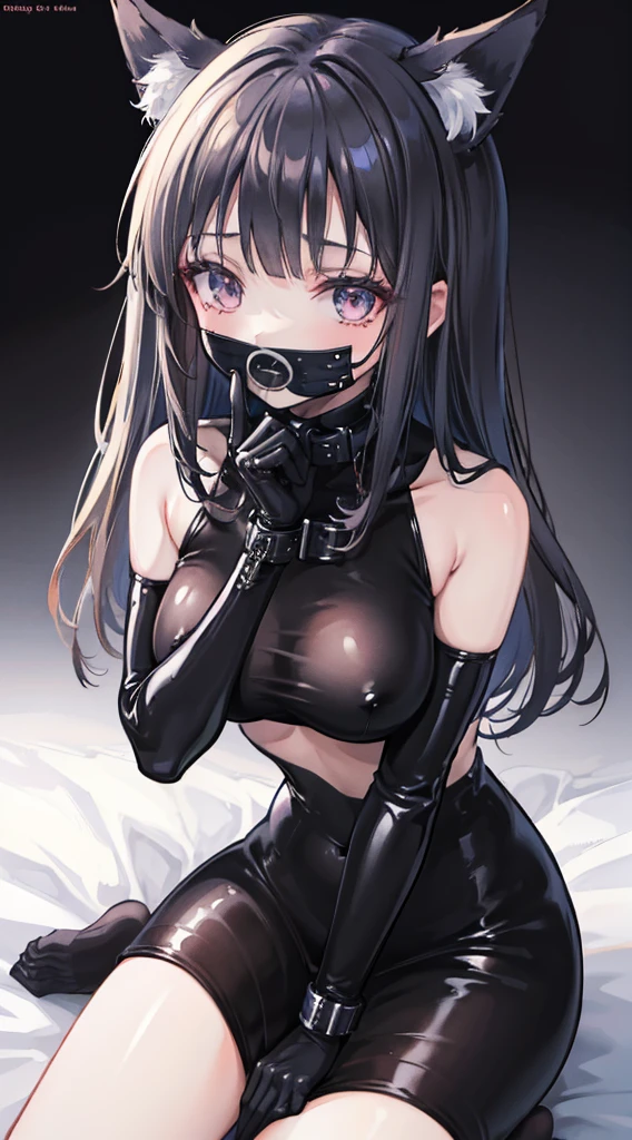 high quality, masterpiece, super detailed, 1 girl,  extremely detailed faces, gagged，gagged，Christmas black latex bunny girl，black gloves，black christmas stocking tiara，gagged，BDSM,handcuffs，collar，Calm expression,Smile，handcuffs，collar，long black hair, Charming pink eyes, fox ears, ridiculously big, skin shiny, sitting on bed，Cover your chest with your hands，bright bedroom