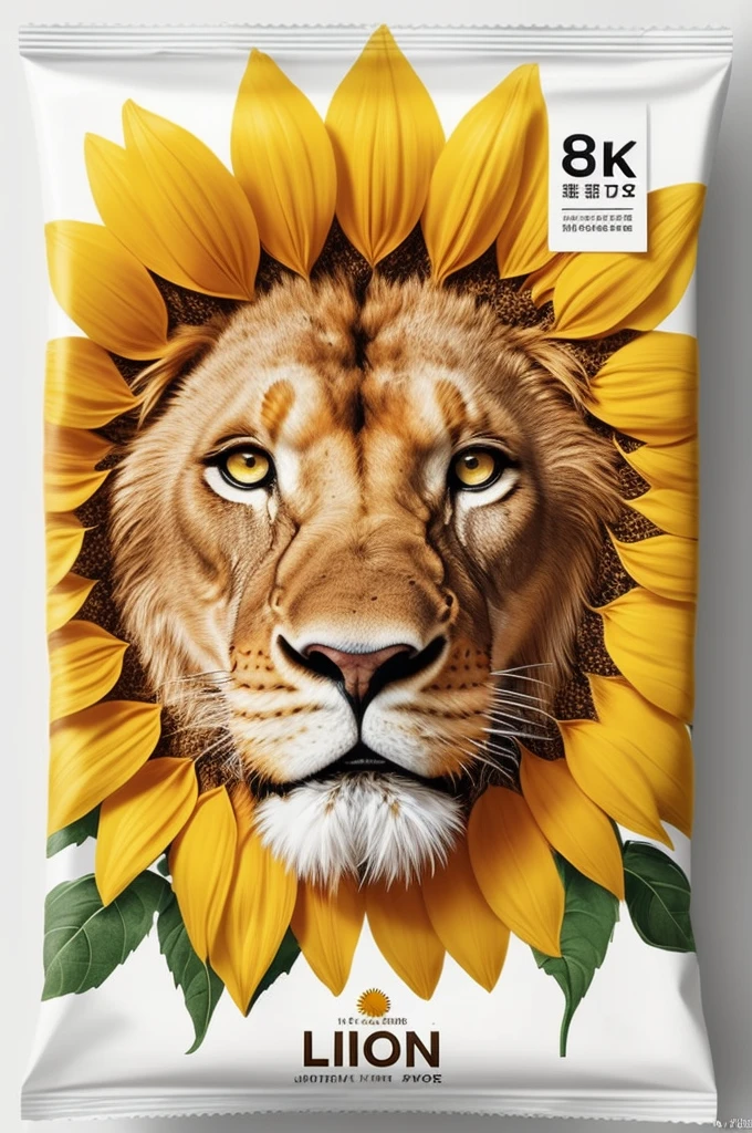 Modern packaging design, Sunflower seeds product packaging, Lion face illustration, simple white background, HD resolution, simple style, actual, Natural light, Glossy plastic packaging bag, (best quality, masterpiece, Representative work, official art, Professional, 8k, Ultra intricate detailed:1.3)