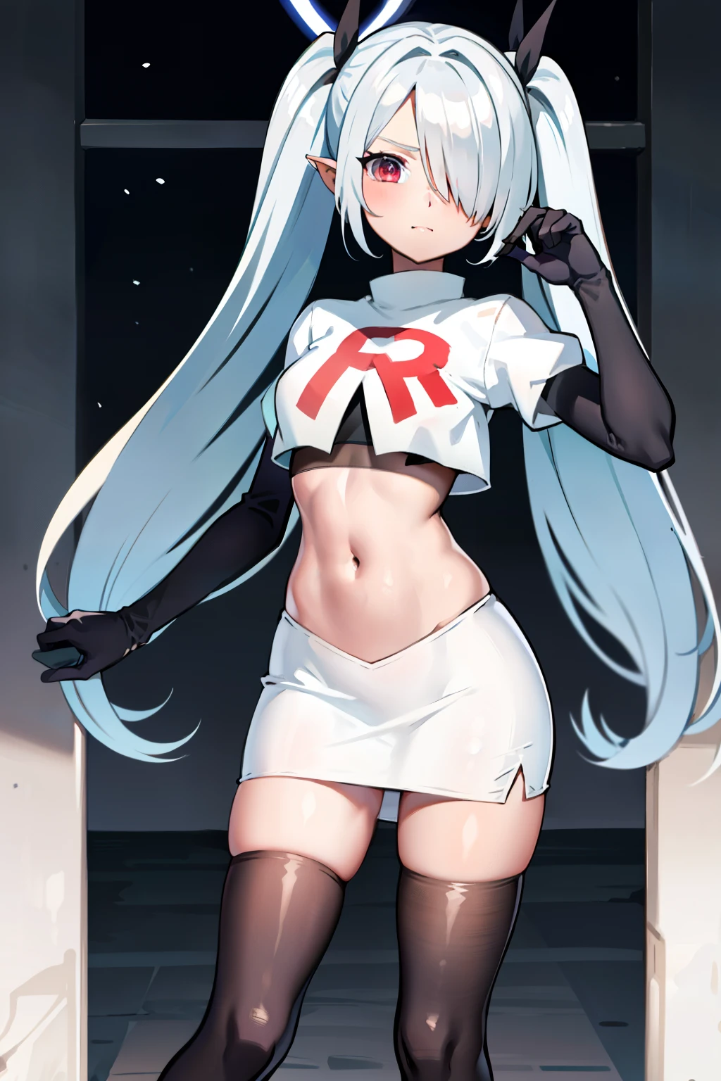 (masterpiece), 1girl, hair over one eye,magical world, shiny steps, beautiful sky, stars, jupiter, ioridef, team rocket,team rocket uniform,white skirt,crop top,black thigh-highs,black elbow gloves,