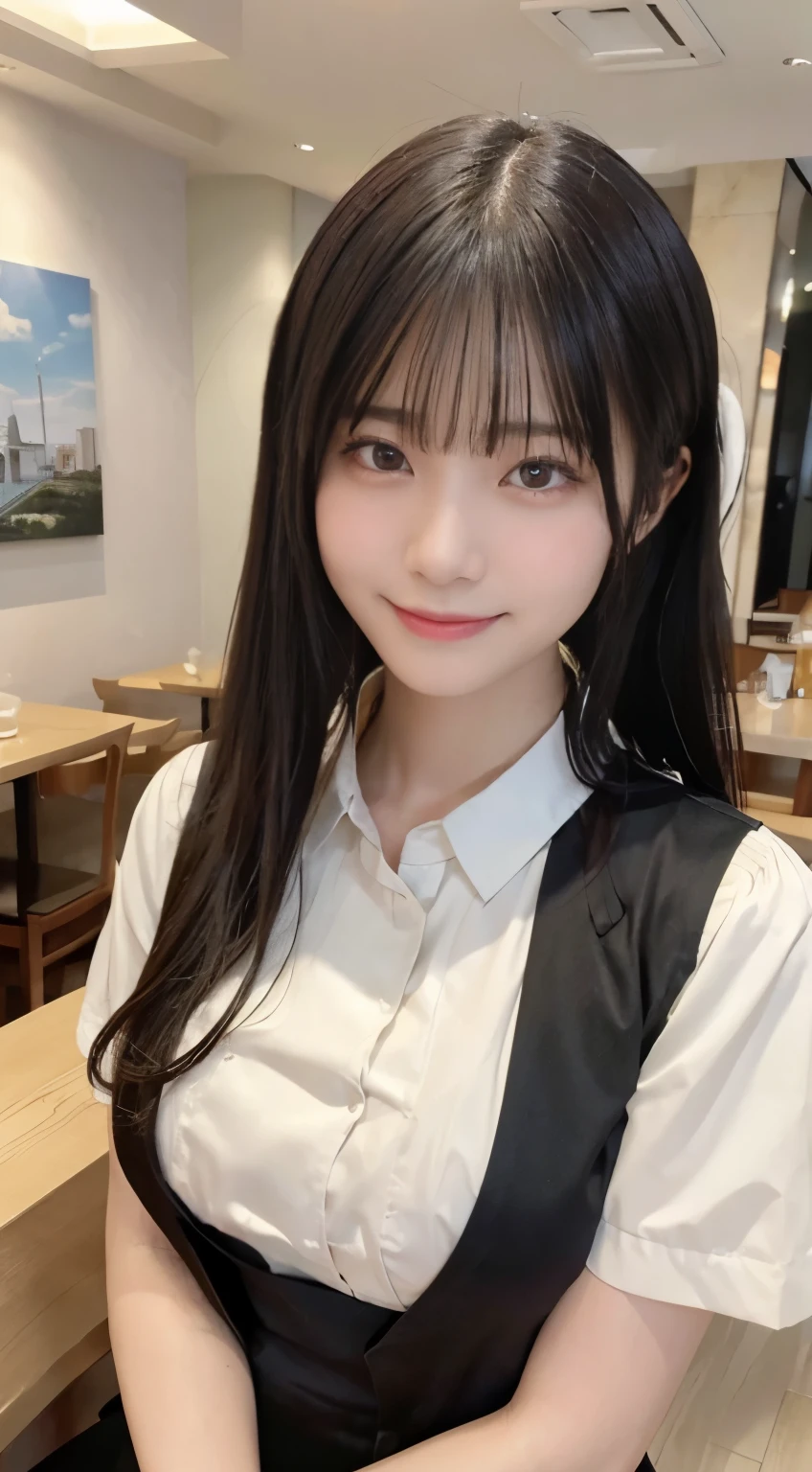 (highest quality,masterpiece:1.3,ultra high resolution,),(Super detailed,caustics),(Photoreal:1.4,RAW shooting,)ultra-realistic capture,very detailed,High resolution 16K human skin close-up。 natural skin texture、,The pores are、、、、Must be detailed enough to be easily identified。 Skin should look even-toned and healthy。 Use natural light and color,restaurant,waitress uniform,1 girl,Japanese,18-year-old,cute,black haired,ponytail,big breasts,smile,turn your body forward,(Front view:1.1),look at the camera,cowboy shot,