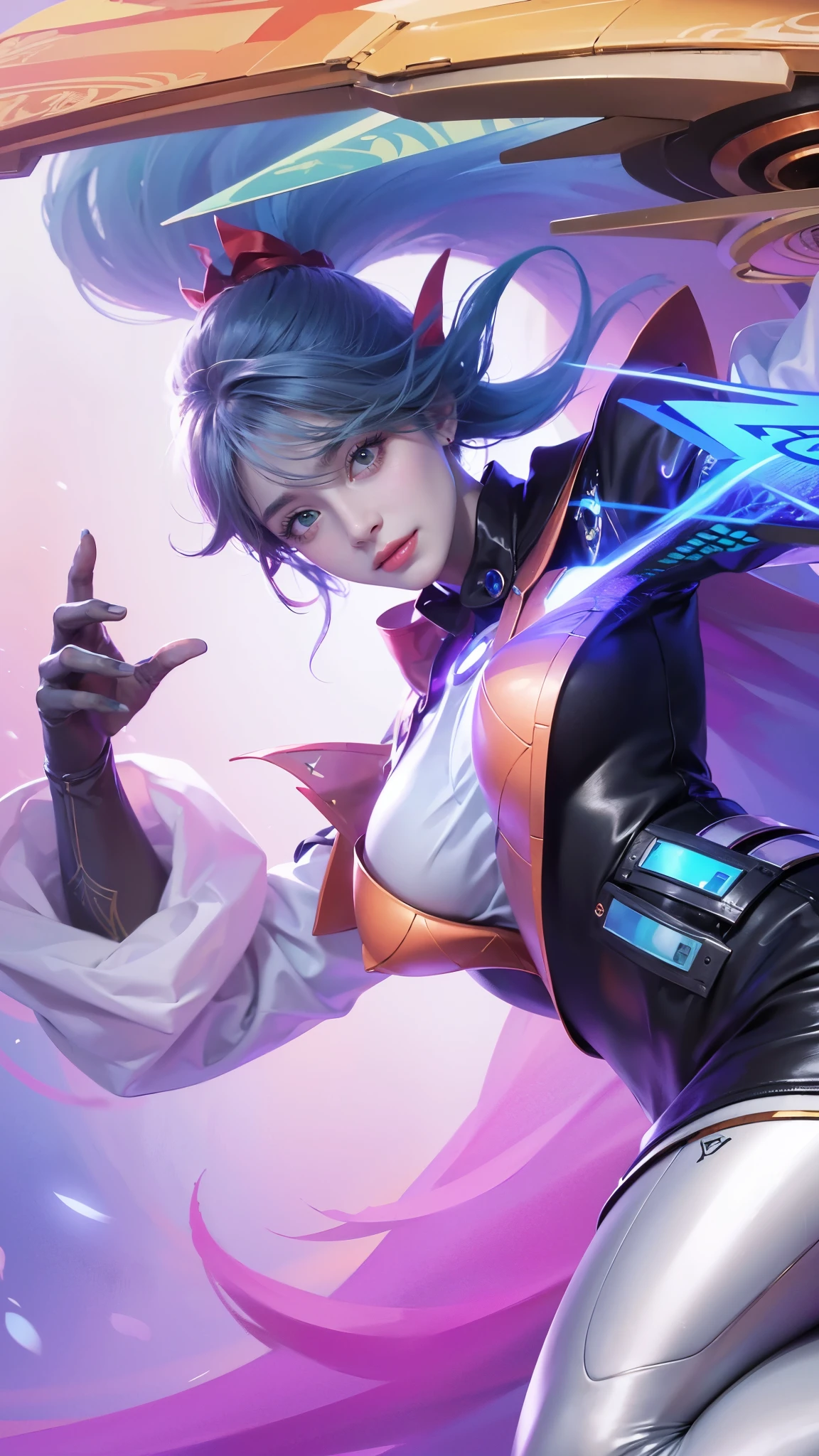 Masterpiece, best picture quality, high quality, beautiful woman, detailed, swollen eyes, detailed eyes, detailed skin, beautiful skin, ultra high resolution, (reality: 1.4),very beautiful, slightly younger face, beautiful skin, slender, (ultra realistic), (illustration), (high resolution), (8K), (very detailed) (best illustration), (beautifully detailed eyes), (super detailed), (wallpaper), (detailed face), looking at viewer, fine details, detailed face, pureerosfaceace_v1, smiling, looking straight ahead, looking straight ahead, angle from waist up, realistic photo, bright lighting, professional lighting, black hair (some of hair part green), long hair, dark ruins, big red moon, gorgeous red and black dress, woman, long stylish bangs.