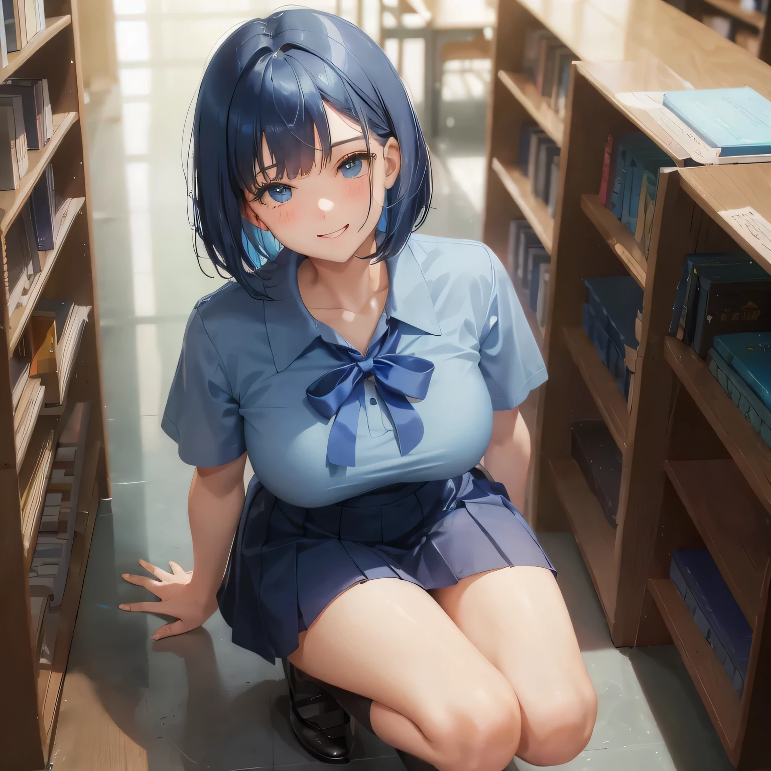 1 high school girl　17 year old female　bob cut　dark blue hair color　high school uniform　Light blue Y-shirt　short sleeve　blue ribbon　dark blue hair color　slender body shape　big breasts　full body portrait　学校のlibrary　smile gently　cheerful look　library　hand sign　squat　kneel down　look up here　