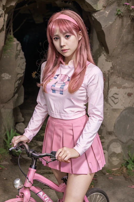 cute anime girl rides a bicycle, fujisaki shiori, yellow hairband, school uniform, serafuku, long sleeves, pleated skirt, Cave covered with pink raspberry groups,