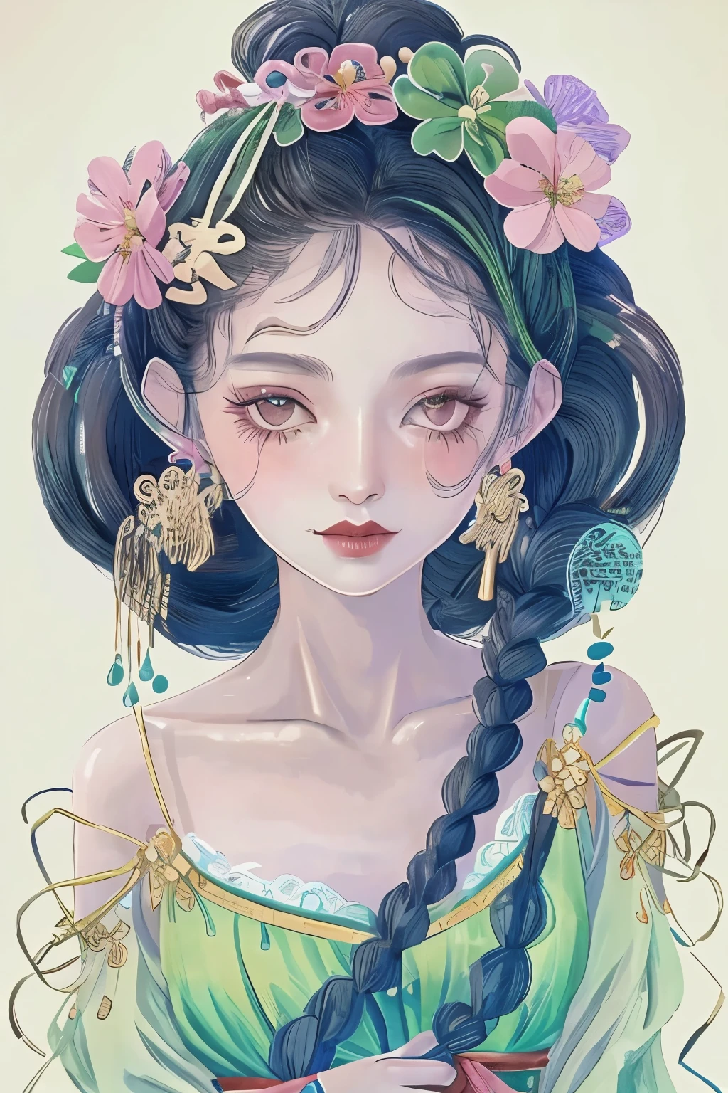 With pink flowers on the head，no loose hair，All tied up neatly，Green gem fringe hair accessories hang naturally to both sides， green earrings，Hanfu， one shoulder，Arms wrapped in gauze，charming eyes，Korean makeup，Show collarbone，Lotus anthropomorphic，The demon incarnated as a lotus flower， Wearing ancient Chinese clothes，tie up all your hair，Oiran，Brow line、Wearing pink gauze，Close-up of doll in green dress，