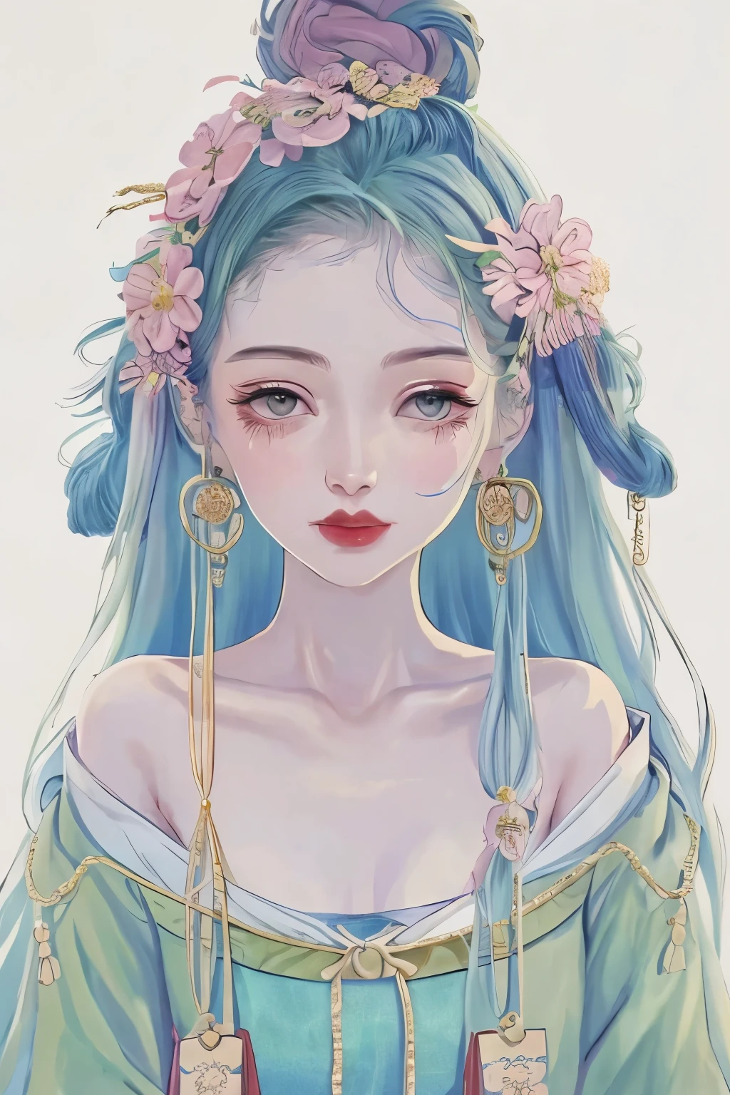 With pink flowers on the head，no loose hair，All tied up neatly，Green gem fringe hair accessories hang naturally to both sides， green earrings，Hanfu， one shoulder，Arms wrapped in gauze，charming eyes，Korean makeup，Show collarbone，Lotus anthropomorphic，The demon incarnated as a lotus flower， Wearing ancient Chinese clothes，tie up all your hair，Oiran，Brow line、Wearing pink gauze，Close-up of doll in green dress， palace ， A girl wearing Hanfu， ancient chinese princess， Hanfu， one shoulder，Show collarbone，Queen of China， Wearing ancient Chinese clothes， Gurwitz&#39;s masterpiece， Matches ancient Chinese costumes， Inspired by Uemura Pine Garden， heise jinyao， detailed picture

