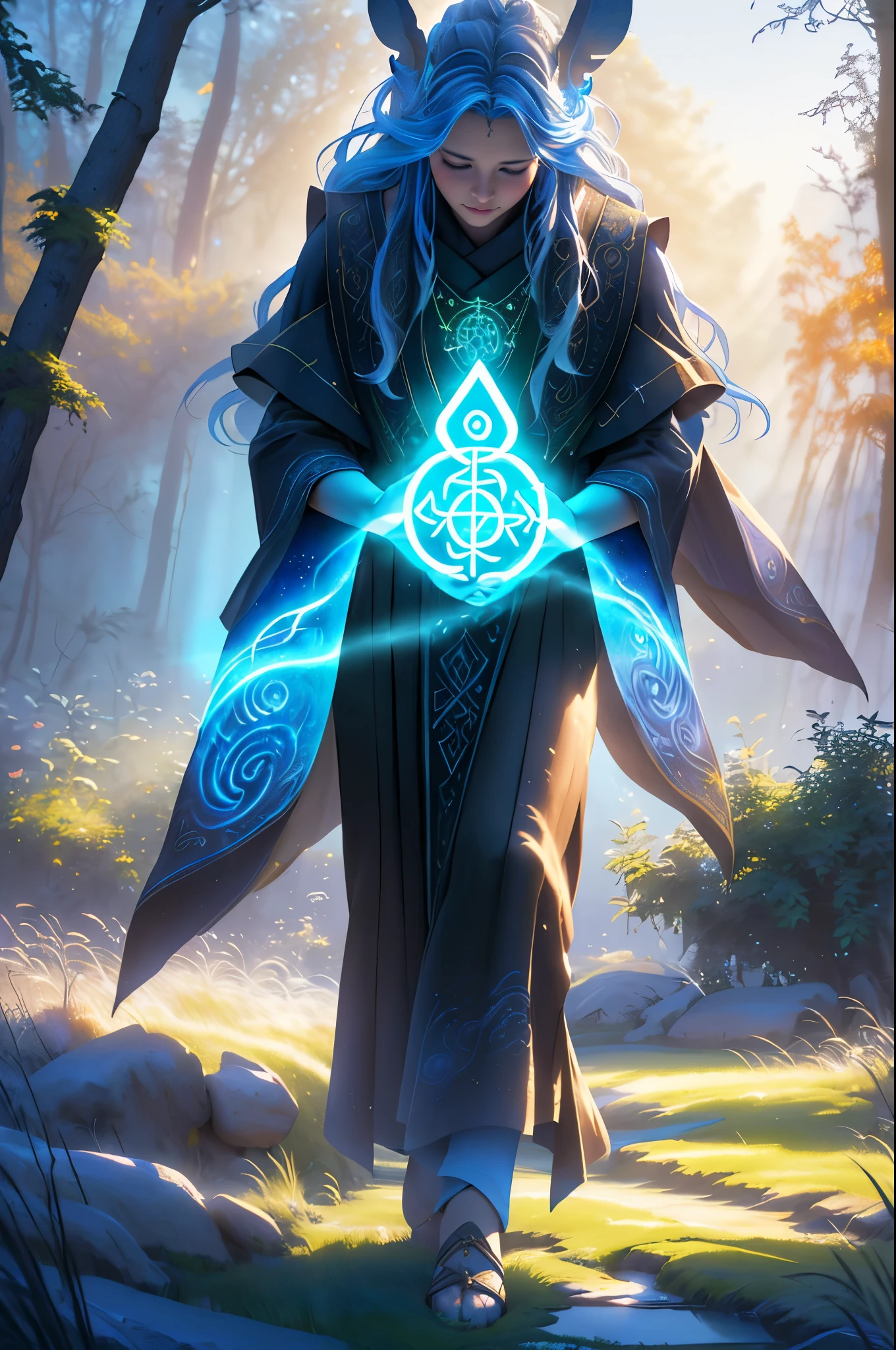 A cultivator in a mystical realm, radiant energy, ancient runes, serene atmosphere, swirling mist, powerful symbols, transcendental path,(best quality,4k,8k,highres,masterpiece:1.2),ultra-detailed,(realistic,photorealistic,photo-realistic:1.37),fantasy,traditional art style,magical,ethereal,powerful aura,vivid colors,ambient lighting