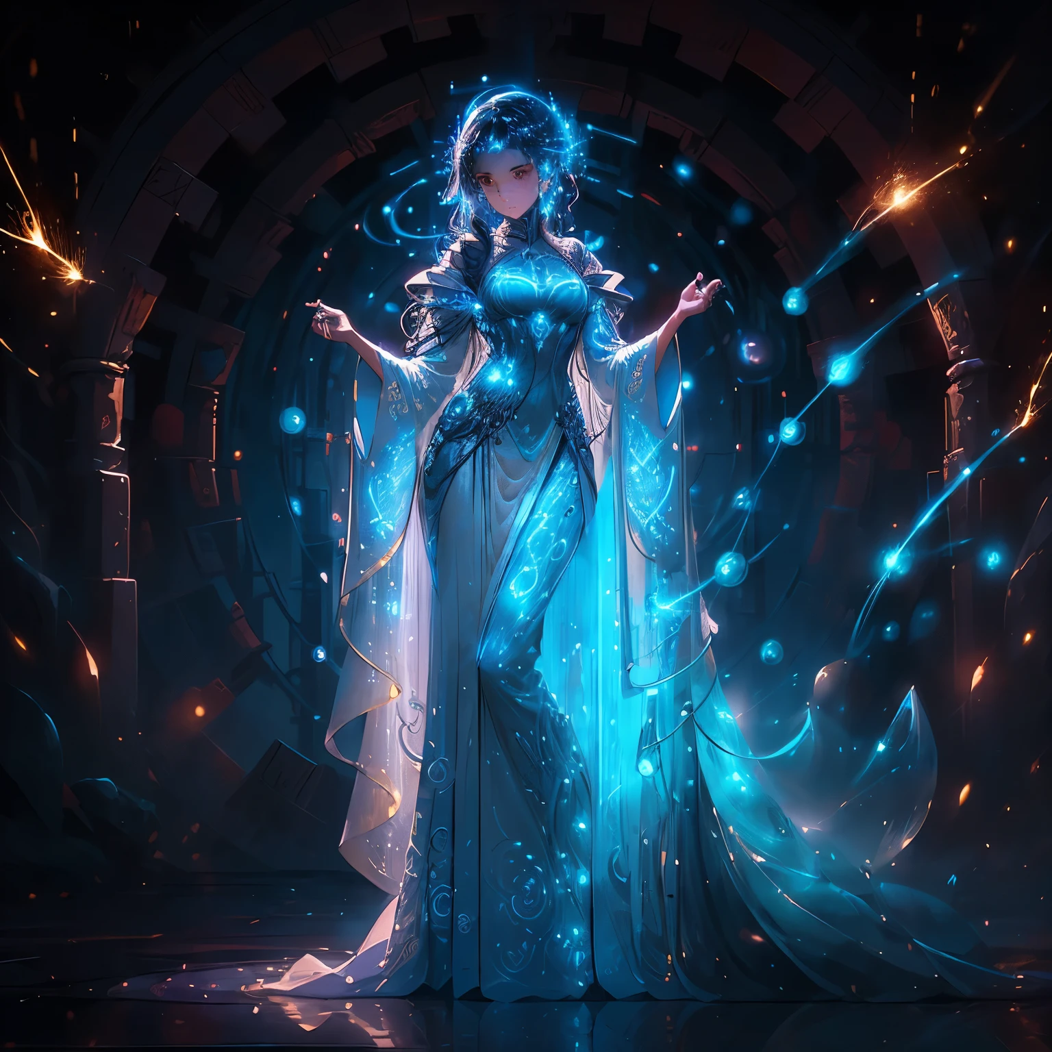In the heart of the moonlit ruins, a female magician in a flowing robe stands proudly, her long, curly hair cascading downher back. Her eyes, a radiant golden hue, emit magical energy that illuminates the ancient stones around her. The magic square at her feet glows with an ethereal light, its edges pulsating with intricate patterns. The magician's hands are raised, fingers slightly splayed, and a soft blue glow emanates from her palms. The night air crackles with electricity, and sparks fly as she channels the raw power of the elements.
Her outfit is of the highest quality, made of shimmering fabric that