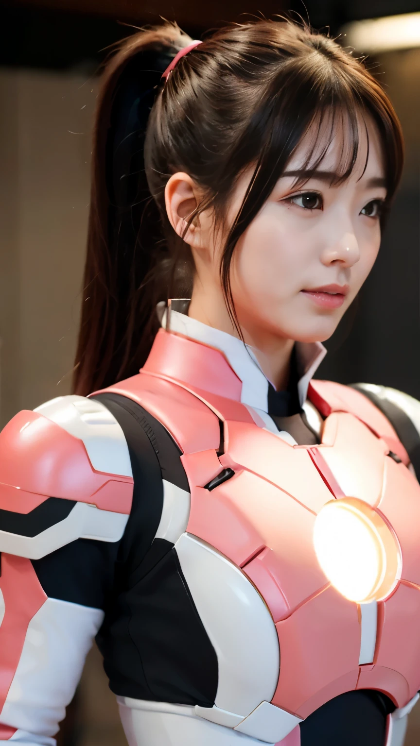 （super highest quality、In 8K、Masseter muscle part、delicate illustrations、Full body Esbian）,She wears a distressed pink and white Iron Man suit.、A beautiful and bewitching Japanese 25-year-old woman、plump body、big breasts、ponytail、black hair、slight smile、Izakaya