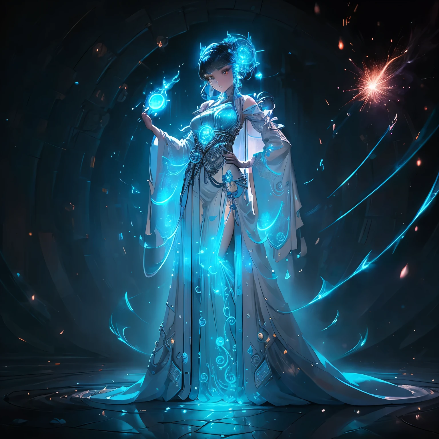 In the heart of the moonlit ruins, a female magician in a flowing robe stands proudly, her long, curly hair cascading downher back. Her eyes, a radiant golden hue, emit magical energy that illuminates the ancient stones around her. The magic square at her feet glows with an ethereal light, its edges pulsating with intricate patterns. The magician's hands are raised, fingers slightly splayed, and a soft blue glow emanates from her palms. The night air crackles with electricity, and sparks fly as she channels the raw power of the elements.
Her outfit is of the highest quality, made of shimmering fabric that