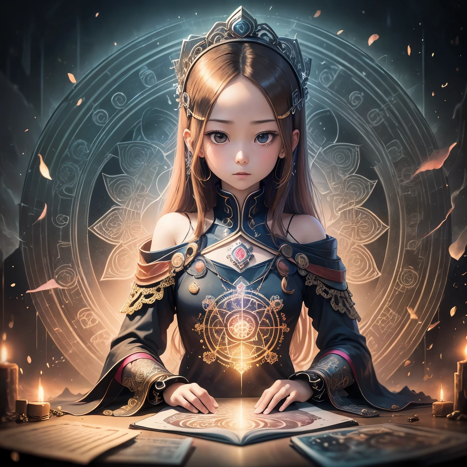 （tarot cards、Yu-Gi-Oh cards），（romantic、Innocent、𝓡𝓸𝓶𝓪𝓷𝓽𝓲𝓬、adventure、Bold、Travel Elements、Tyndall effect）,Art similar to Alex Gray&#39;s art, with female body, mandala, Fractal. --automatic，detailed高度detailed黑色 sumi-e ,1 little girl， (magical aura, Glowing Runes and Runes, Summoning Circle), Baroque, cloudy day, supersaturation, In-depth research and pursuit of perfection, Created by a master, best quality, high resolution, Gorgeous, ((elegant)) , ((Extraordinary)) , ((Thrilling)) , ((detailed)) , ((charming)) , ((amazing)) , fantasy, spell, nature, mystery, painting, 布面painting, painting作品, canvas painting, Antique glow, Vintage lighting, Vintage lighting, Small aperture, Deep scene, Sharp from front to back . dreamlike, mystery, provocative, symbolic, complex, detailedais-rcn，（Art similar to Alex Gray&#39;s art, with female body, mandala, Fractal. --automatic）