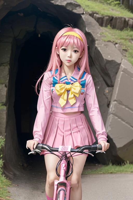 cute anime girl rides a bicycle, fujisaki shiori, yellow hairband, school uniform, serafuku, long sleeves, pleated skirt, Cave covered with pink raspberry groups,