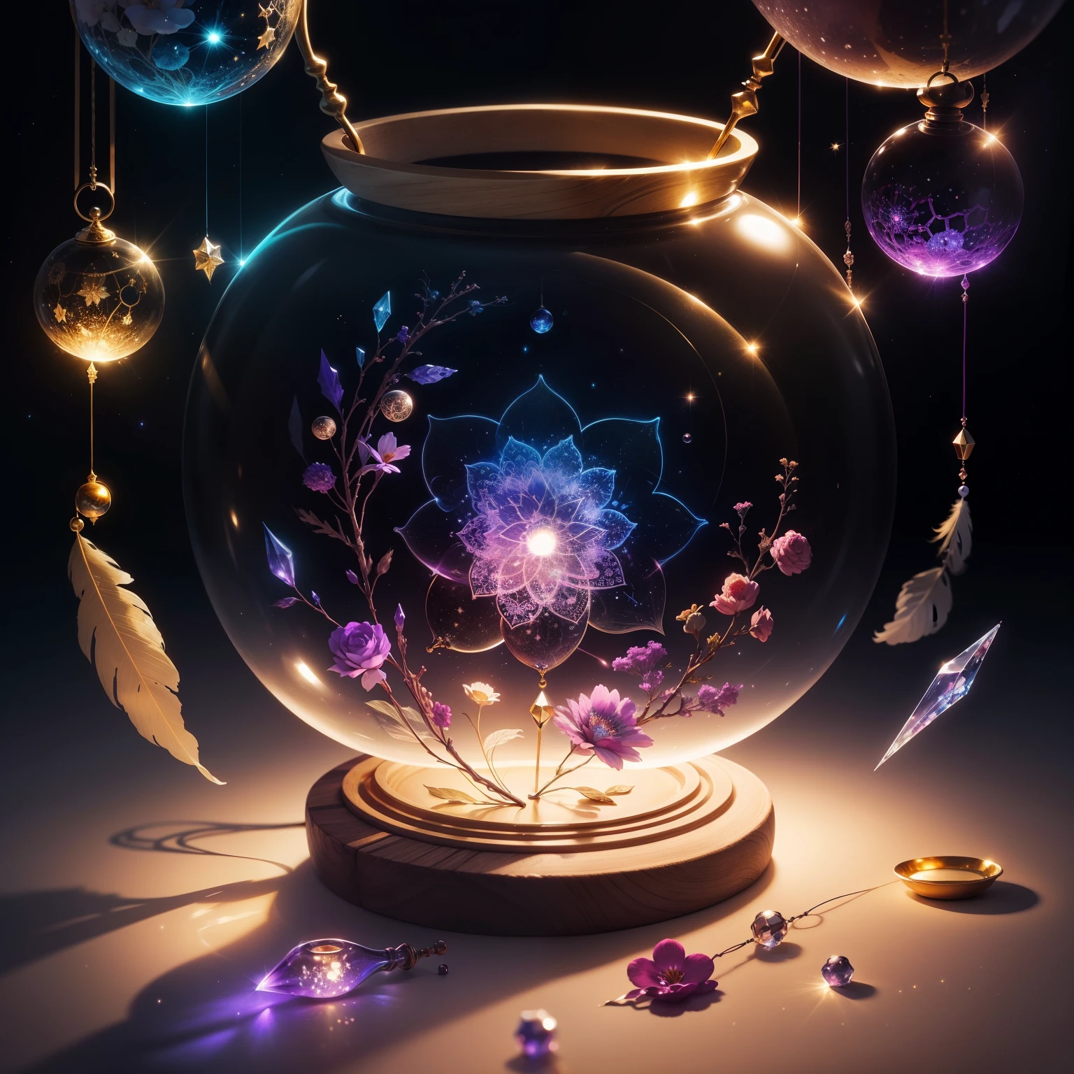 crystal colorful flower, magic, dream Catcher, universe , space, floating, moonlight, magic kanote gold  crystal pot,
