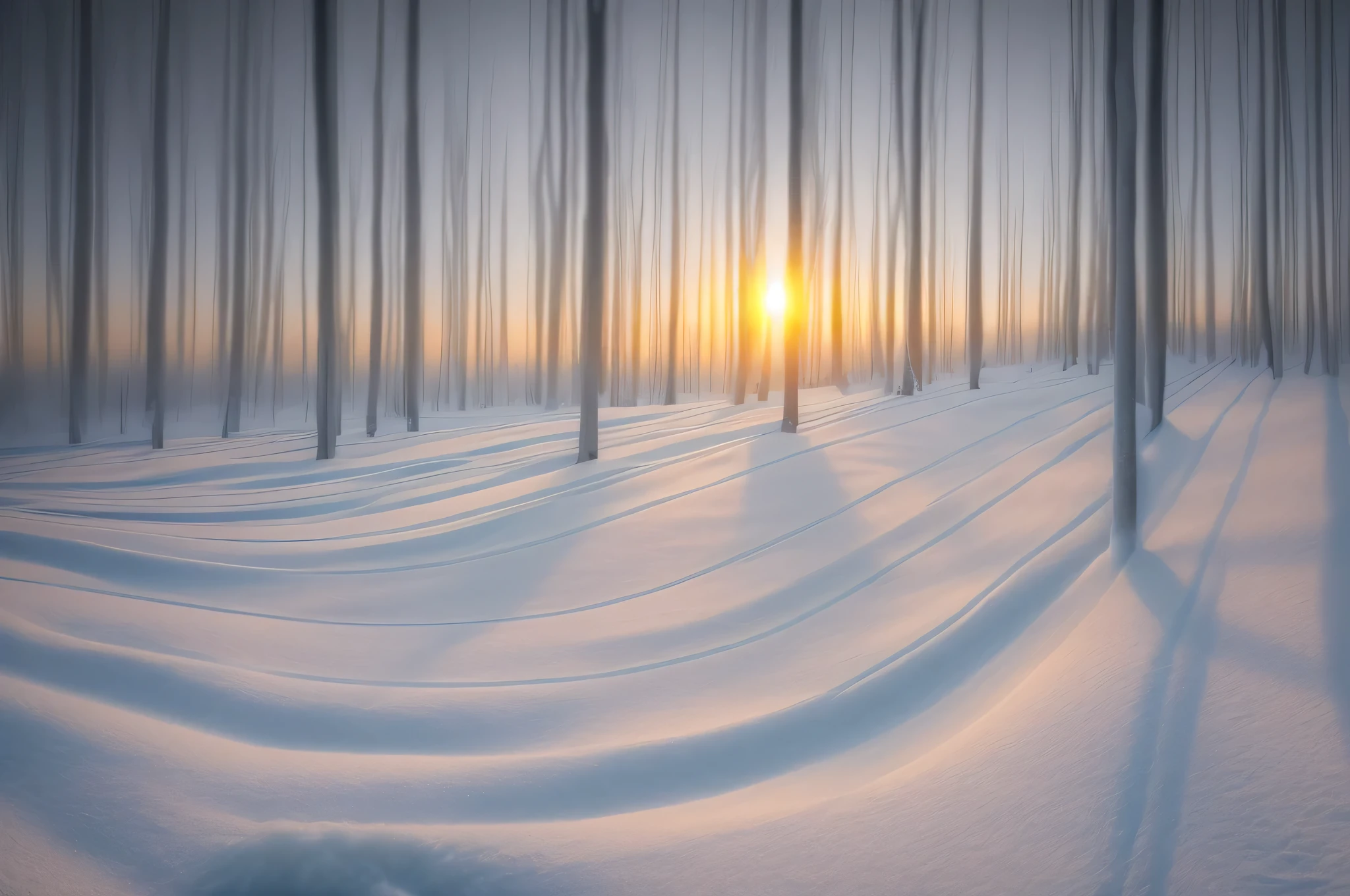 snow，sunrise，（snow质感），snow上有一只小鹿，{strong light and shadow}，（warm and cold），（Line contrast is strong），canon camera，raw,8k,Award-winning photography，masterpiece，top quality