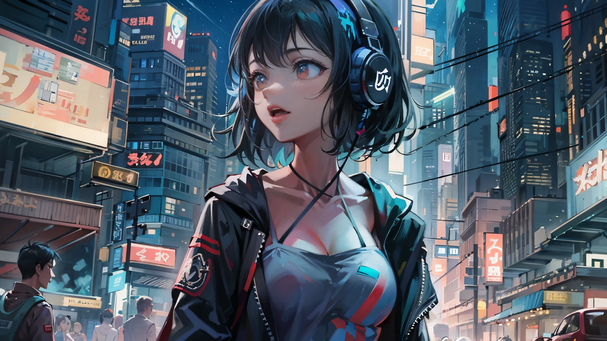 masterpiece,Anime-style illustration showing a young woman in her 20s wearing a futuristic plunging costume, facing right, Standing in the middle of the street in a cyberpunk nightlife district. she has pinkish black hair、wearing headphones. big breasts、She&#39;s still looking up at the starry sky, But her gaze and body are turned to the right side of the frame. The scene should be lively, Reflecting a cyberpunk aesthetic, Neon lights and futuristic buildings surround her. The hustle and bustle of the city continues, But she&#39;s at peace in the chaos, Immerse yourself in the sights and sounds of the night. In the image、The quiet sky above and the vibrant urban environment must be captured。, highlight her new direction.
