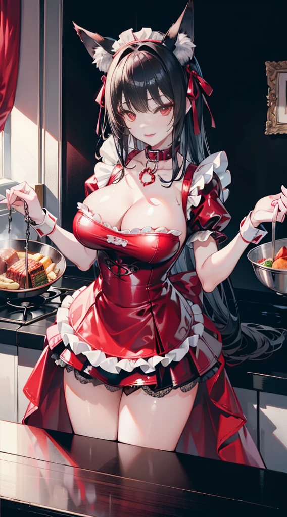 high quality, masterpiece, super detailed, 1 girl,  And clearly visible, alone, Red lace latex maid outfit，maid crown，BDSM,handcuffs，collar，Calm expression,bright red lips，Smile，handcuffs，collar，long black hair, Charming pink eyes, fox ears, ridiculously big, skin shiny, Stand at the table，cooking，Bright restaurant