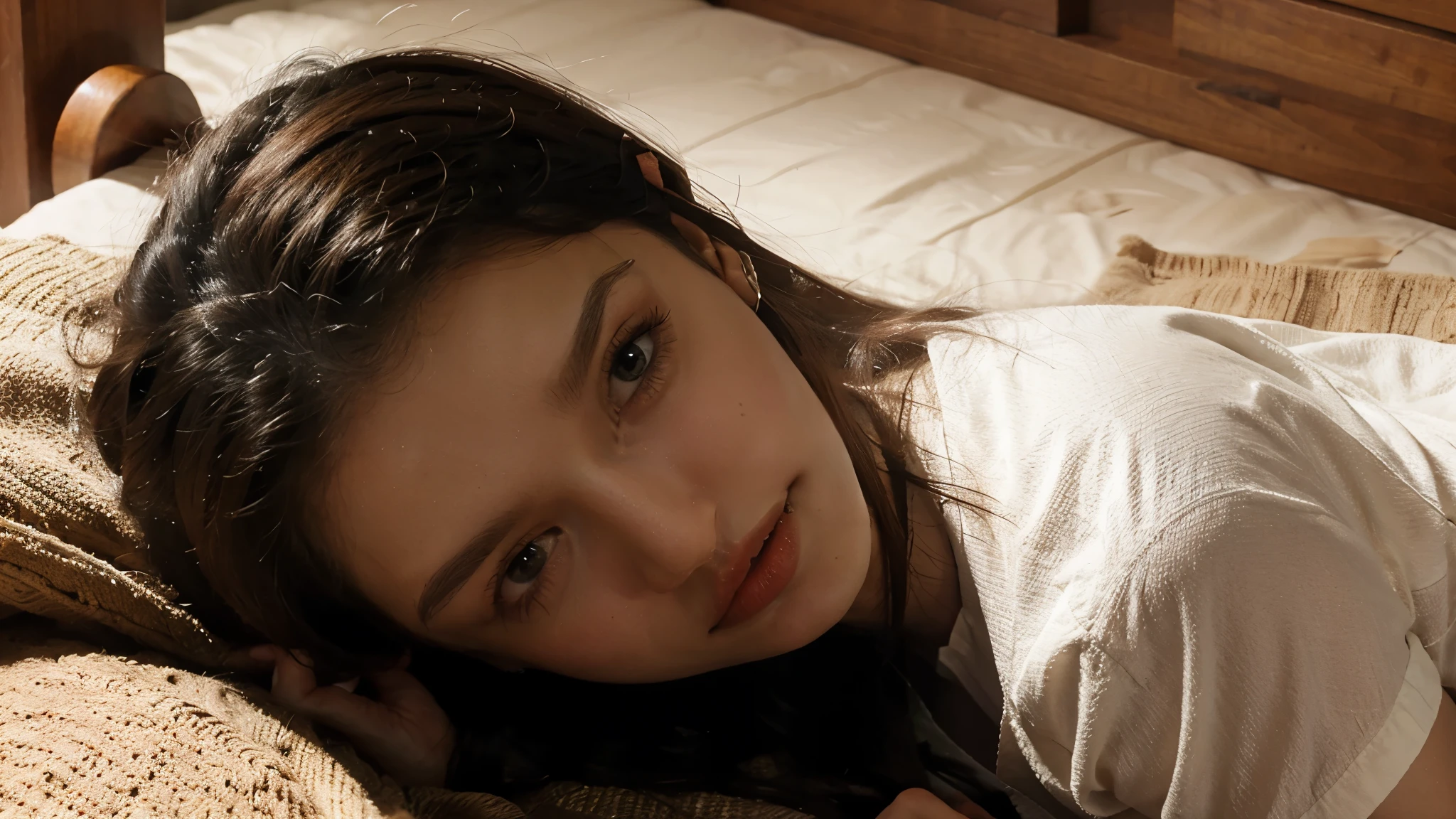 A young woman with tousled, shoulder-length brown hair is lying on a red blanket, looking thoughtful and melancholic. The lighting is soft and warm, casting gentle shadows on her face. She is indoors in a dimly lit room, with her hand resting on the blanket and a few rings visible on her fingers. The background is blurred, emphasizing her pensive expression.
