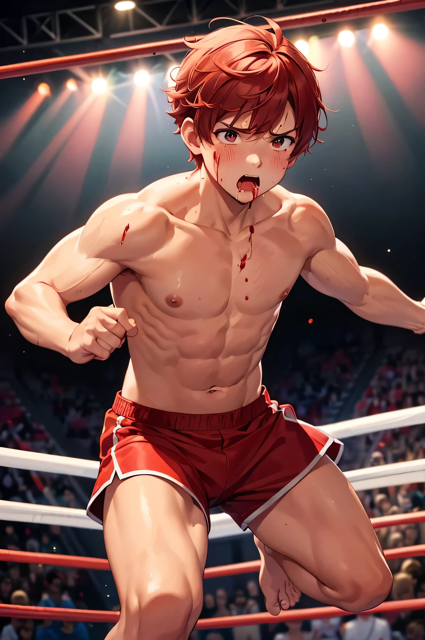boy, , cute, , whole body, redhead, short hair, (expression of agony), muscular, black skin, (Topless), (nipple), (red shorts), (barefoot), (finding), (spit blood from the mouth), (professional wrestling ring), (audience), (high resolution), (High precision)