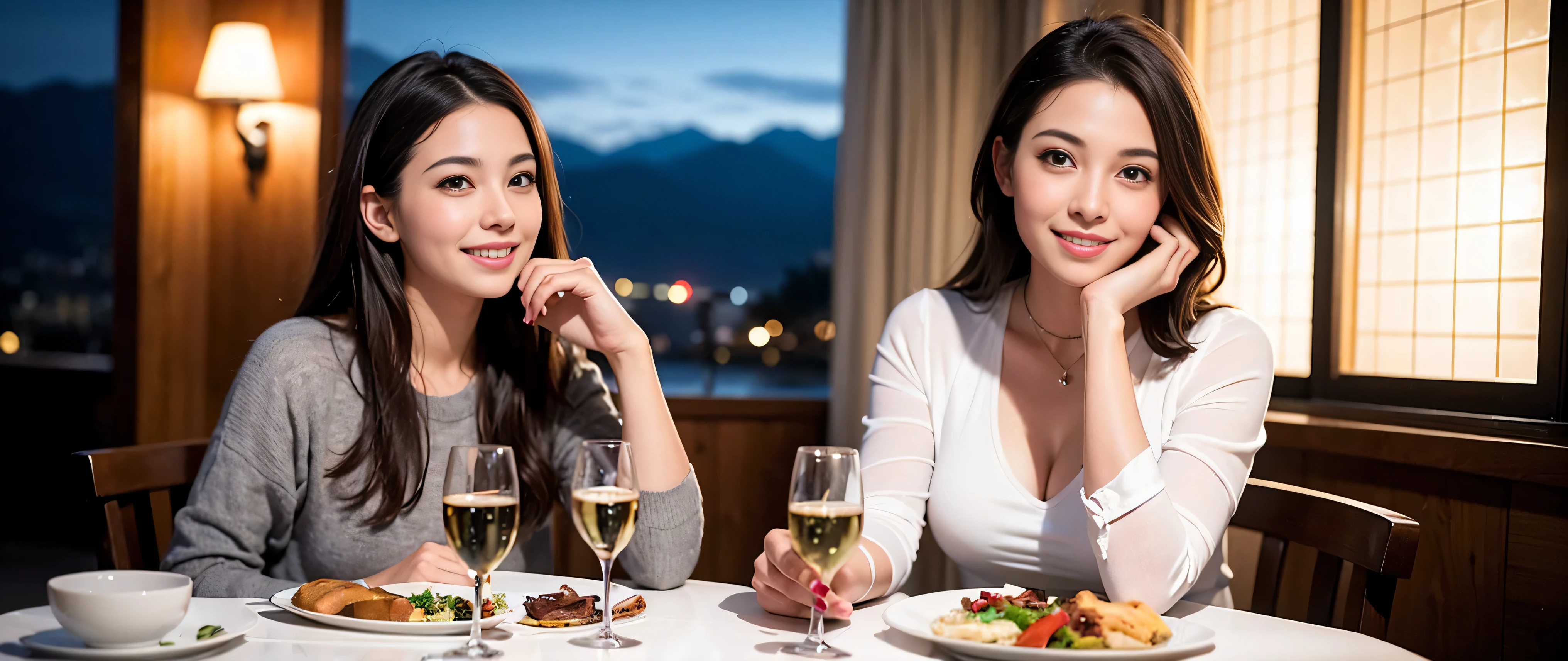 64k, Hmm, highest quality, masterpiece: 1.2), (realistic, photorealistic: 1.37), Super detailed, 3 slim beauties, (slim face),Happy、 the best smile、Fox face、Berry Short、(because I'thin), (brown hair), (shortcut), long sleeve shirt、winter fashion、Colombian、Brazilian、Japanese、Dutch、German、Portuguese、Belgian、Italian、French,Champagne、sparkling wine、 (gush out), (slim body), (brown hair), (shortcut), neat beauty、cheeks turn a little red, (35 years old), 38 years old, alone, A beautiful and detailed night view spreads out outside the window...., restaurant, wine glass is sitting, At night, in a prominent place (from the Upper body) nova frog style, actress, model, Upper body, White wine, slim, wine glass, Very beautiful night view, wine glass Put in the Middle, Happy smile, (smile: 1.15),