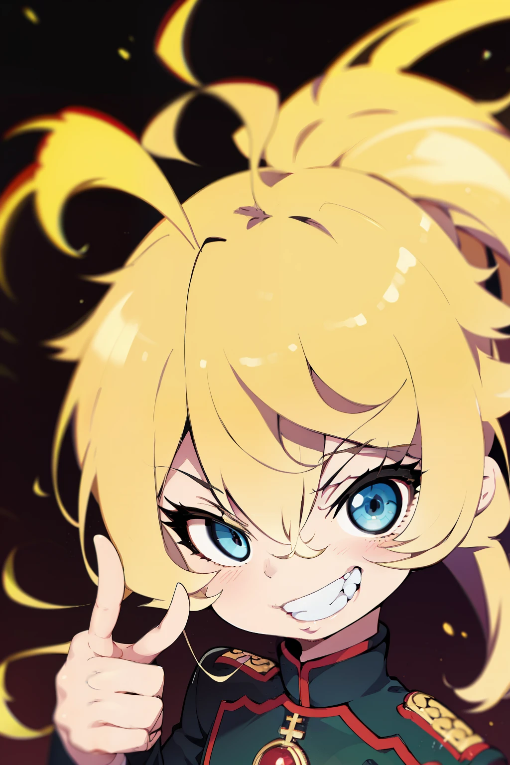 Tanya、blonde hair、smile showing teeth、pointing finger