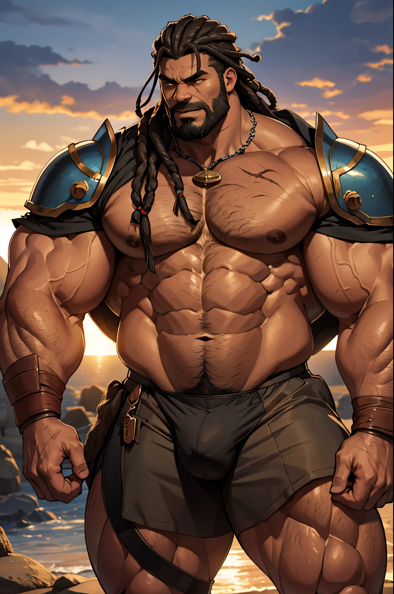 (best quality), dark skinned male, shoulder length dreadlocks, muscular male, thick sturdy build, rugged and weathered appearance, (scars on chest: 1.1), ancient warrior, warrior armor, (small underwear: 1.1), big arms, thick legs, hairy chest, exposed pecs, big pecs, (bara pecs: 1.4), (bulge in underwear: 1.3), old ruins in the background, sunset