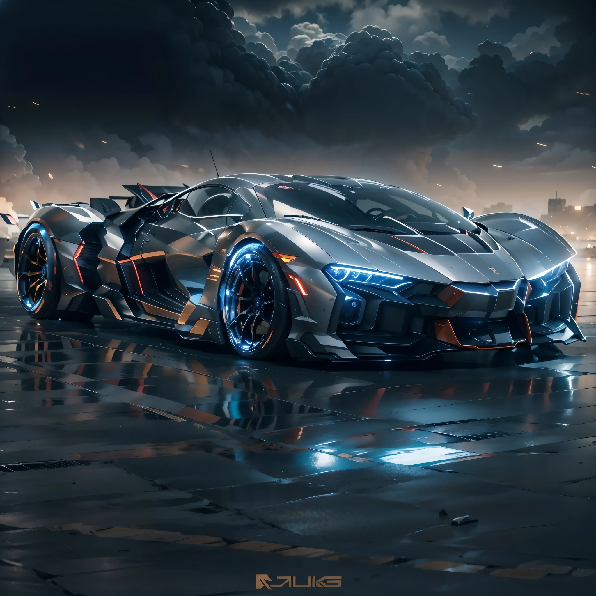 best quality，masterpiece，16k，Mech Combat Vehicle,Sports car,Supercar,cloud,mecha,details,Side view,A glowing car body,Dark silver body,Ground reflection,Complex structure,motor vehicle,realistic,science fiction,vehicle focus