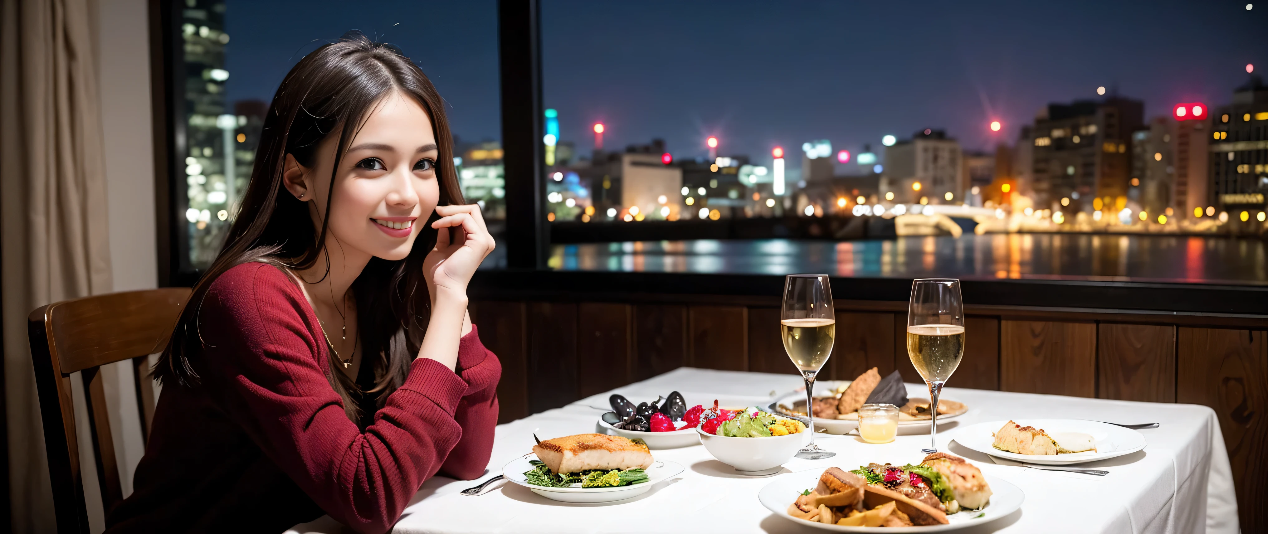 64k, Hmm, highest quality, masterpiece: 1.2), (realistic, photorealistic: 1.37), Super detailed, 3 slim beauties, (slim face),Happy、 the best smile、Fox face、Berry Short、(because I'thin), (brown hair), (shortcut), long sleeve shirt、winter fashion、Colombian、Brazilian、Japanese、Dutch、German、Portuguese、Belgian、Italian、French,Champagne、sparkling wine、 (gush out), (slim body), (brown hair), (shortcut), neat beauty、cheeks turn a little red, (35 years old), 38 years old, alone, A beautiful and detailed night view spreads out outside the window...., restaurant, wine glass is sitting, At night, in a prominent place (from the Upper body) nova frog style, actress, model, Upper body, White wine, slim, wine glass, Very beautiful night view, wine glass Put in the Middle, Happy smile, (smile: 1.15),
