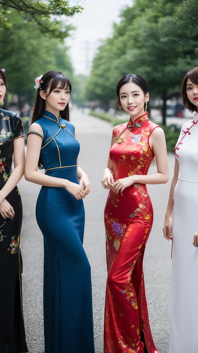 4 beautiful girls，Wearing a long cheongsam，fashion model