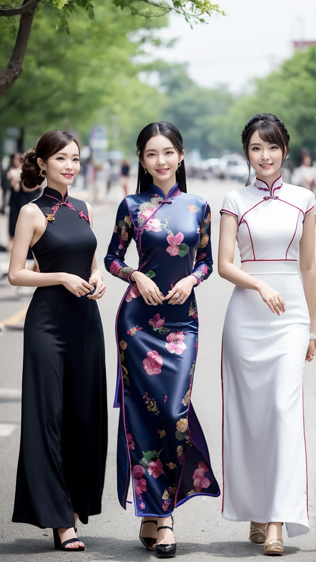 4 beautiful girls,Wearing a long cheongsam,fashion model