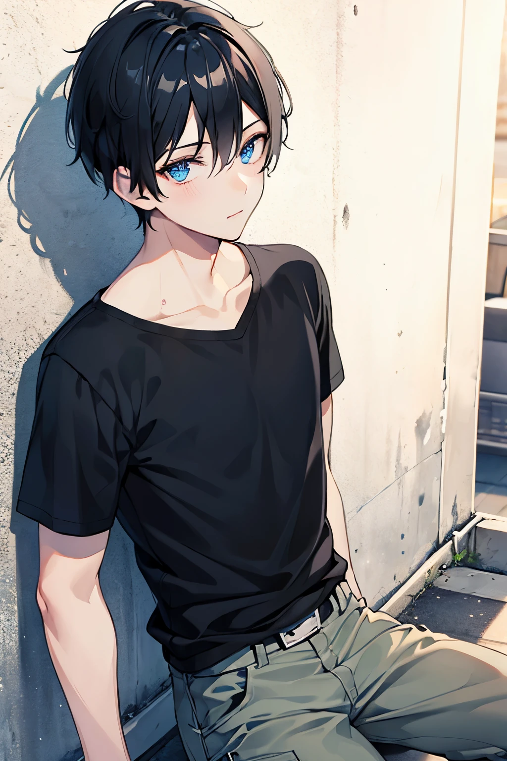 male　black hair　blue eyes　very short hair　one person　shirt　cargo pants　boots　walk around town　spring　masterpiece　Highest image quality　noise removal　clear parts 　cinematic shadow　Increases the attractiveness of the eyes　clear parts the shine of the eyes　draw eyelashes neatly　perfect eyes　detailed eyes　sharpen image quality　sharpen eye writing　clear parts eye shape