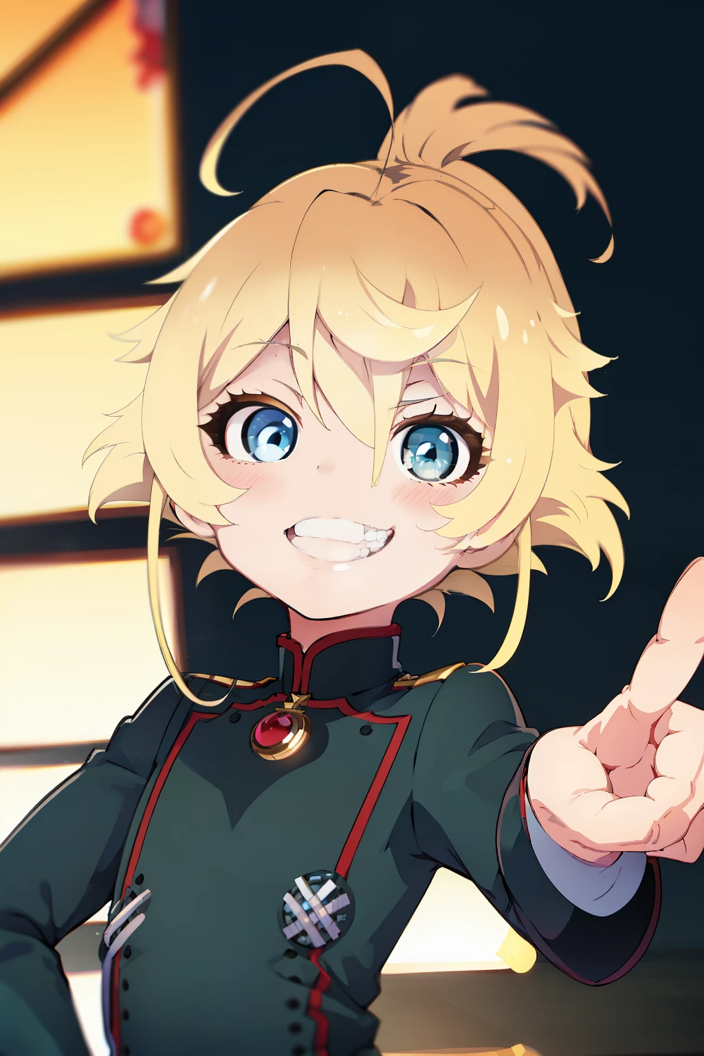 Tanya、blonde hair、smile showing teeth、pointing finger、