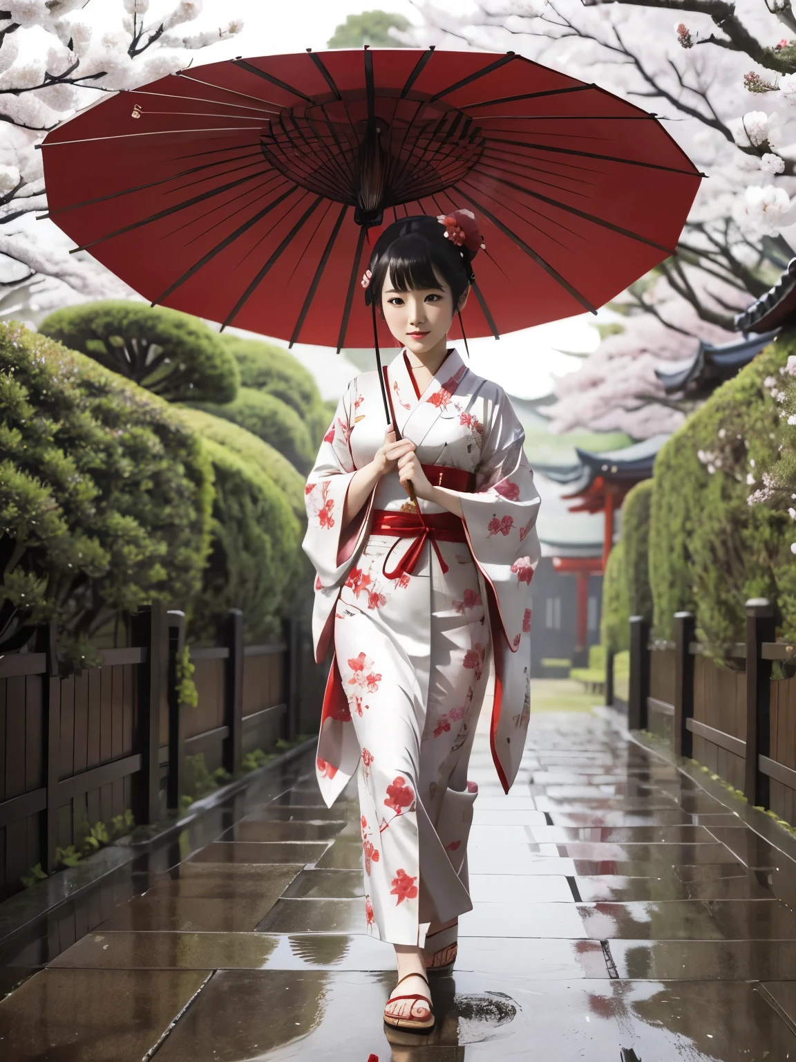 a statuesque japanese woman, wearing sexy kimono, traditional hairdress, traditional sandals, holding a red umbrella, walking in a garden in the soaking rain, sakura. 