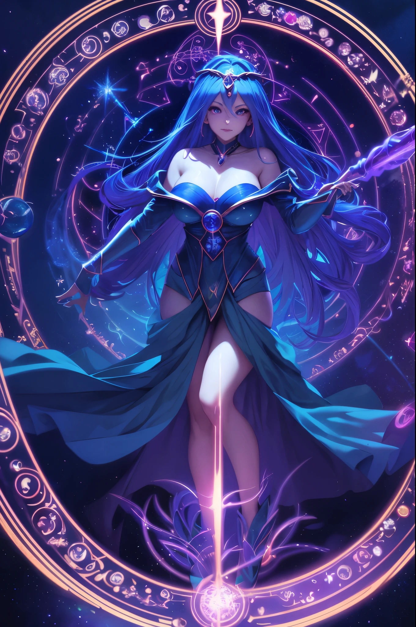 (best quality,highres:1.2),(realistic:1.37),(HDR,UHD),(vivid colors),(physically-based rendering),(extreme detail description) Dark Magician Girl,powerful enchanting eyes,sorceress dressed in a flowing dark blue robe,long flowing purple hair,holding a magical staff,beautiful detailed eyes and face,flowing dark cape decorated with golden stars,mysterious magical aura surrounding her Magic Circle,luminous intricate magical symbols,glowing bright blue and purple hues,circles within circles,pulsating with energy,hovering above the ground,crackling with arcane power Indigo background,dark yet vibrant,contrasting against the bright magic circle,adding depth and intensity,shadows dancing across the scene Soft, warm studio lighting,accentuating the details,casting gentle highlights and shadows,playing with the magical elements The girl stands tall and confident,aura emanating from her,she gazes into the distance with determination,a hint of mischief in her eyes Her surroundings hint at a mystical forest,with ancient trees reaching towards the starry sky,faint moonlight piercing through the canopy,illuminating the magical scene Her magical staff emanates energy,glowing with intense hues of blue and purple,a focal point in the artwork The dark magician girl harnesses the power of sorcery and mystery,her presence captivating and ethereal,a symbol of strength and enchantment In the artwork, the profound connection between the dark magician girl and the magic circle is emphasized,conveying the synergy and harmony between the two elements