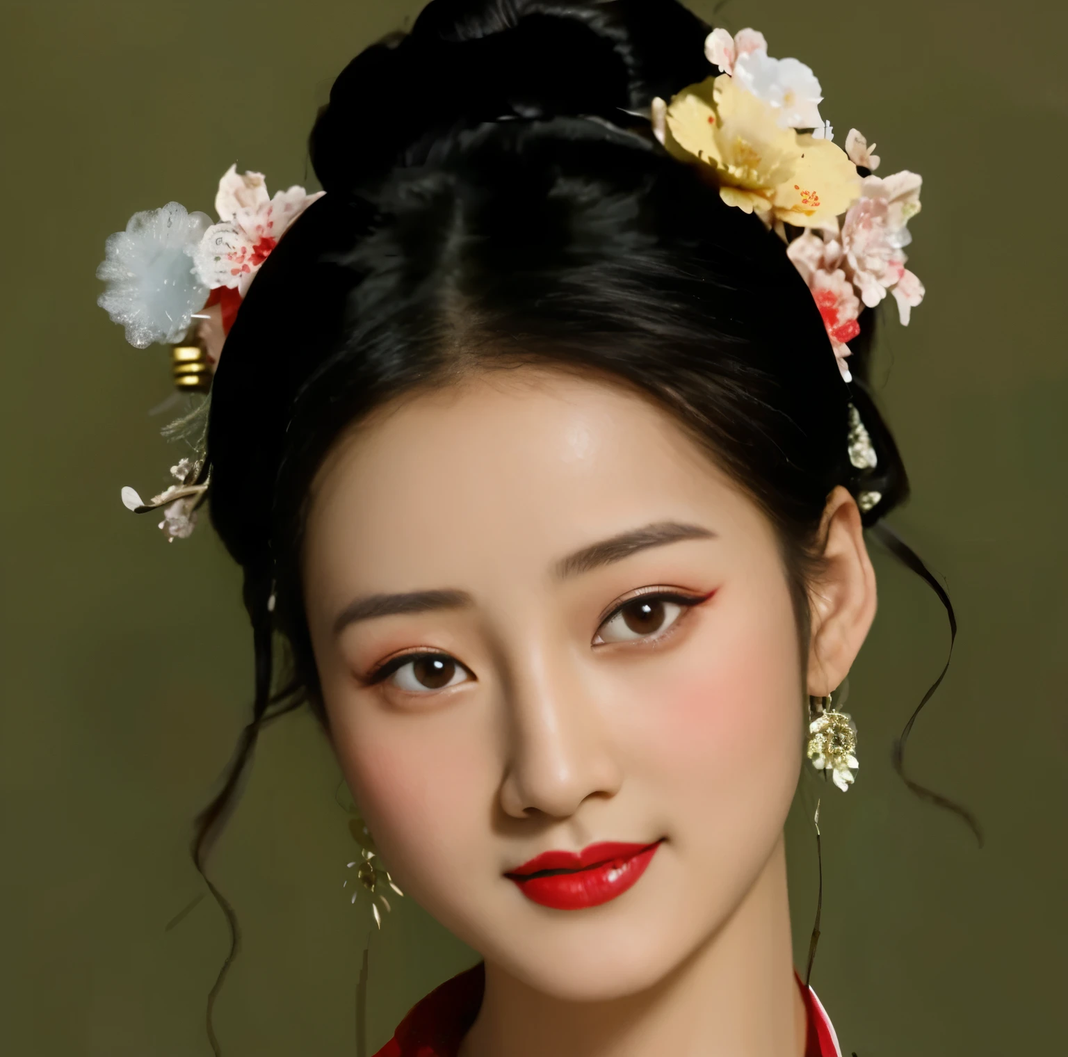 arafed woman with a flowered headband and a red shirt, hanfu, traditional beauty, traditional chinese, palace ， a girl in hanfu, chinese style, Hungry Ghost Festival, chinese princess, gorgeous chinese model, traditional female hairstyles, inspired by Dai Xi, geisha hairstyle, chinese girl, with ancient chinese aesthetic, traditional, white hanfu