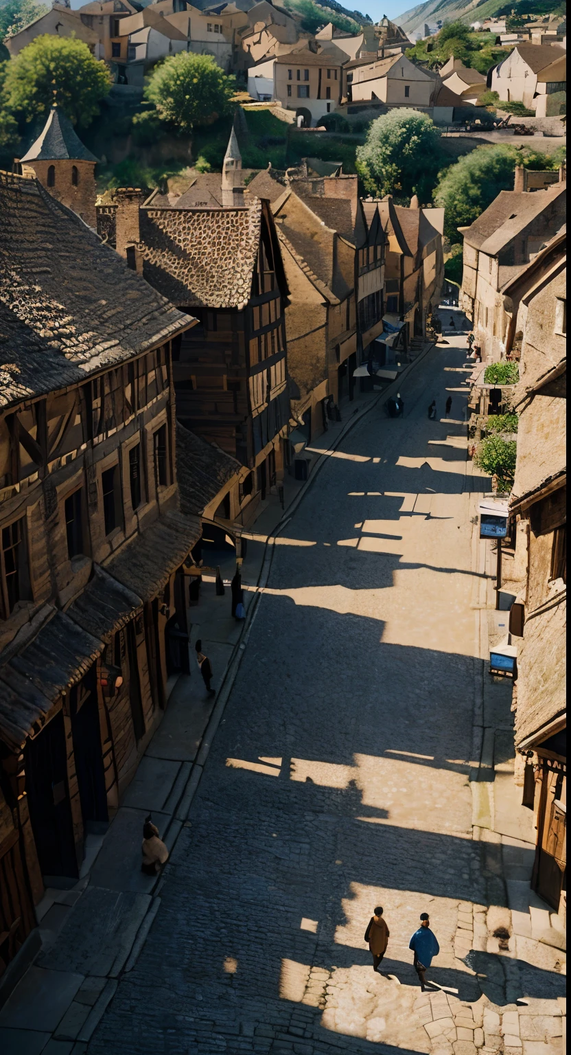 A cinematic, beautiful, sunny day time, front view of a Medieval Village , Town Square, Photorealistic village street during the Dark Ages, photo taken from the above of the street, sharp focus, intricate detail, perfect picture, detailed illustration, cinematic, ultra highly detailed, tiny details, beautiful details, mystical, luminism, vibrant colors, complex background
