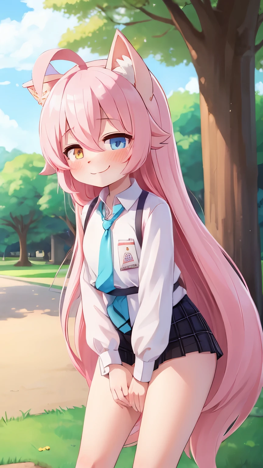 (young :1.3)cat girl,pink cat ears,pink cat tail,pink long hair,pubic park,shy face,smile,full face blush