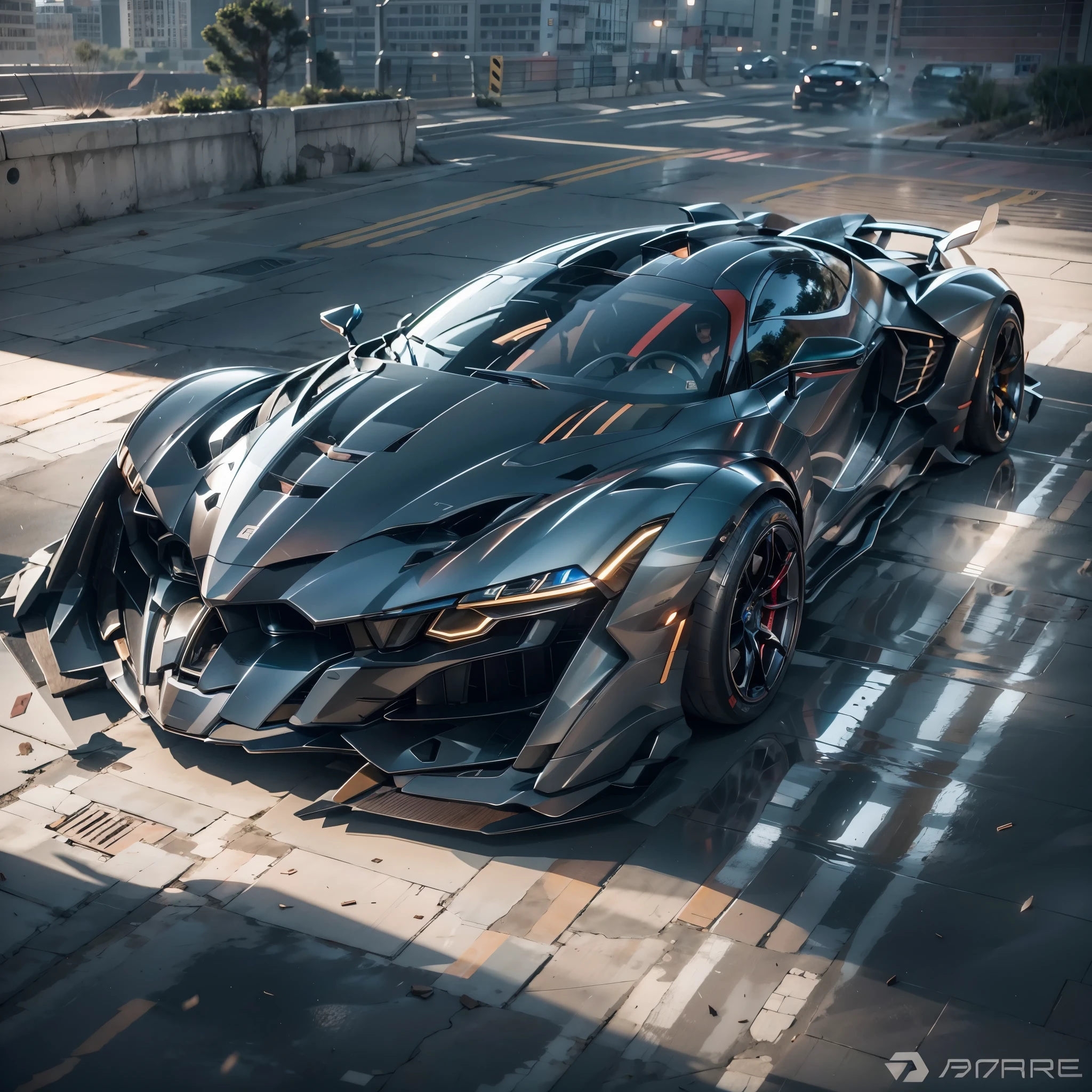 best quality，masterpiece，16k，Mech Combat Vehicle,Sports car,Supercar,cloud,mecha,details,Side view,A glowing car body,Dark silver body,Ground reflection,Complex structure,motor vehicle,realistic,science fiction,vehicle focus