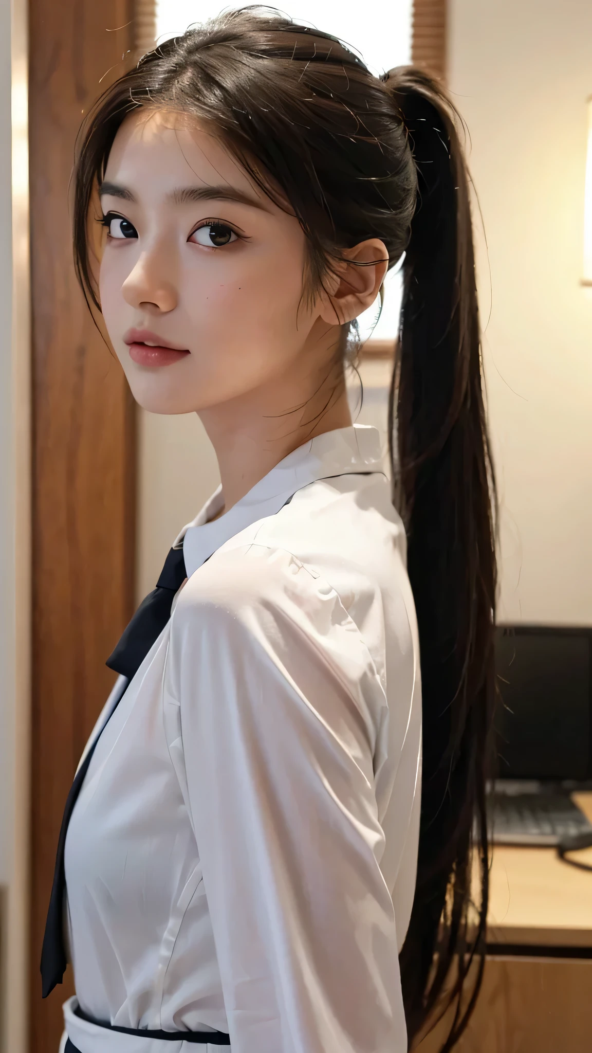One woman,fully body photo,masutepiece, The highest image quality, High quality, the background is clear，Beautiful woman, Japanese, Detailed, Detailed eyes, Detailed skin, Beautiful skin, 超hight resolution, (reality: 1.4),Very beautiful woman, Slightly younger face, Beautiful skin, slender, (Ultra photo realsisim), (hight resolution), (8K), (Very detailed) (beautifully detailed eyes), (super detailed),   (Detailed face), view the viewer, Fine details, Detailed face, Staring straight ahead, Staring straight ahead, photos realistic, Bright lighting, Professional Lighting, Black hair,poneyTail,a baby face,sixteen years old,Hairstyle is ponytail,long ponytail hairstyle,slight smile,wearing business suit,Walking through an office district,Office Buildings,
