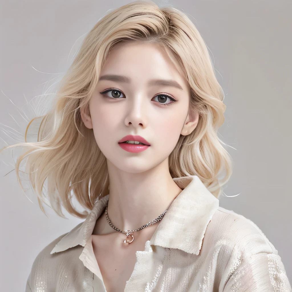 （8k）、（best image quality:1.5）、gray background、close up of face、１girl、masterpiece、delicate and sharp eyes、brown eyes、eye power、delicate face、cup、fascinating face、platinum blonde hair、Semi-long wave、cute clothes、Long shirt that shows your collarbones、gal、Emphasis on the clavicle、