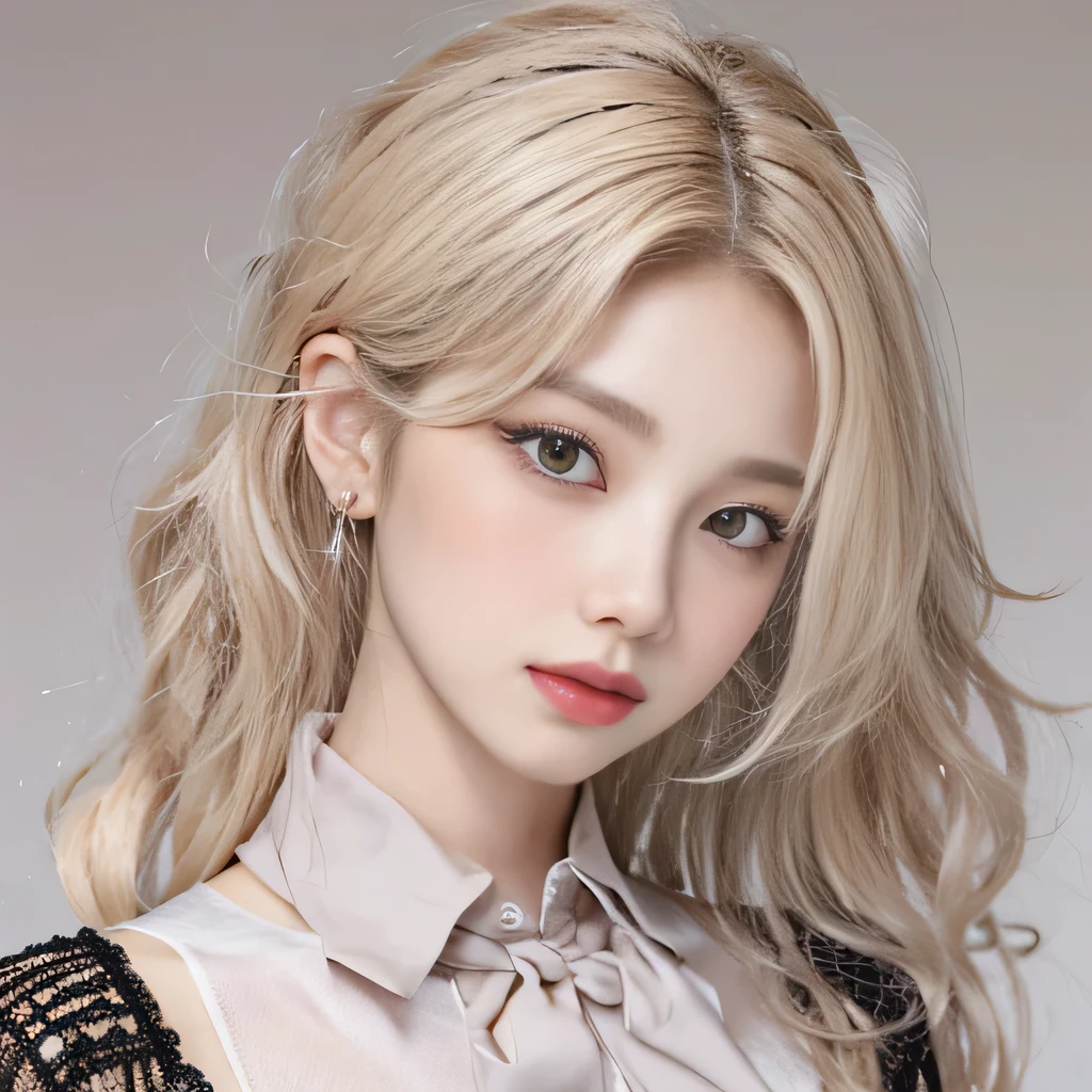 （8k）、（best image quality:1.5）、gray background、close up of face、１girl、masterpiece、delicate and sharp eyes、brown eyes、eye power、delicate face、cup、fascinating face、platinum blonde hair、Semi-long wave、cute clothes、Long shirt that shows your collarbones、gal、Emphasis on the clavicle