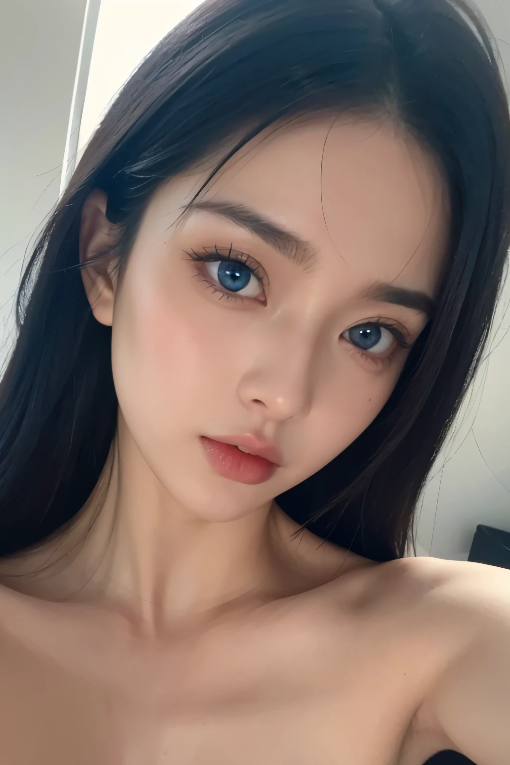 blue eyes、black hair、Close up selfie with mouth closed