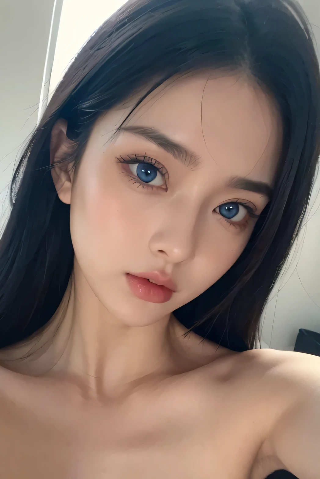 blue eyes、black hair、Shut up close-up selfie
