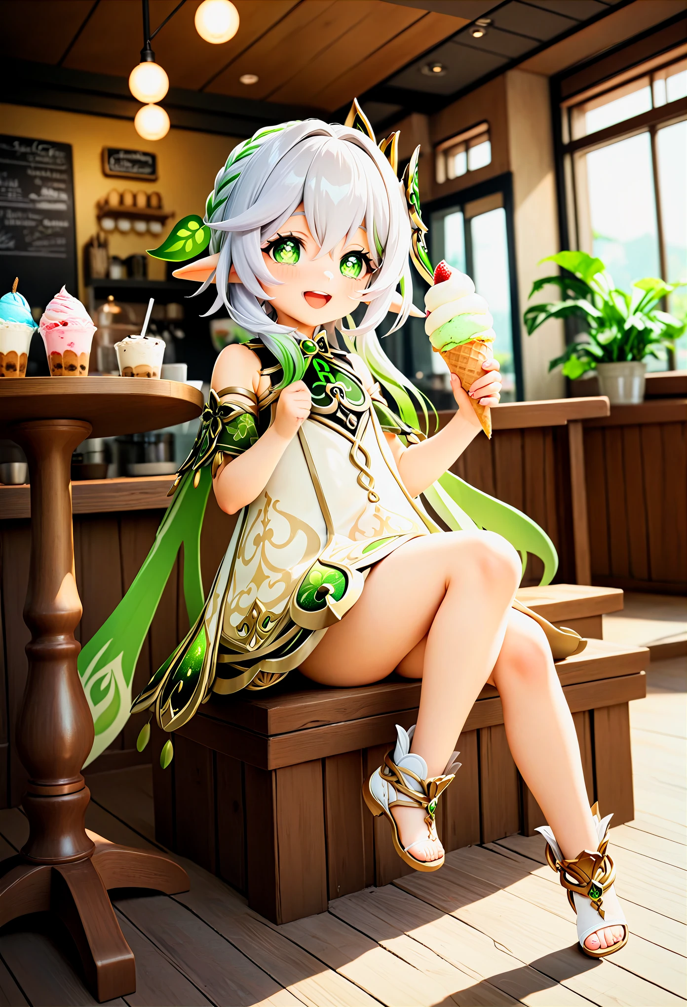 1girl, nahida \(genshin impact\), sitting, full body, smile, indoor, cafe, looking at viewer, holding ice cream, ice cream, happy, open mouth, masterpiece, best quality, 