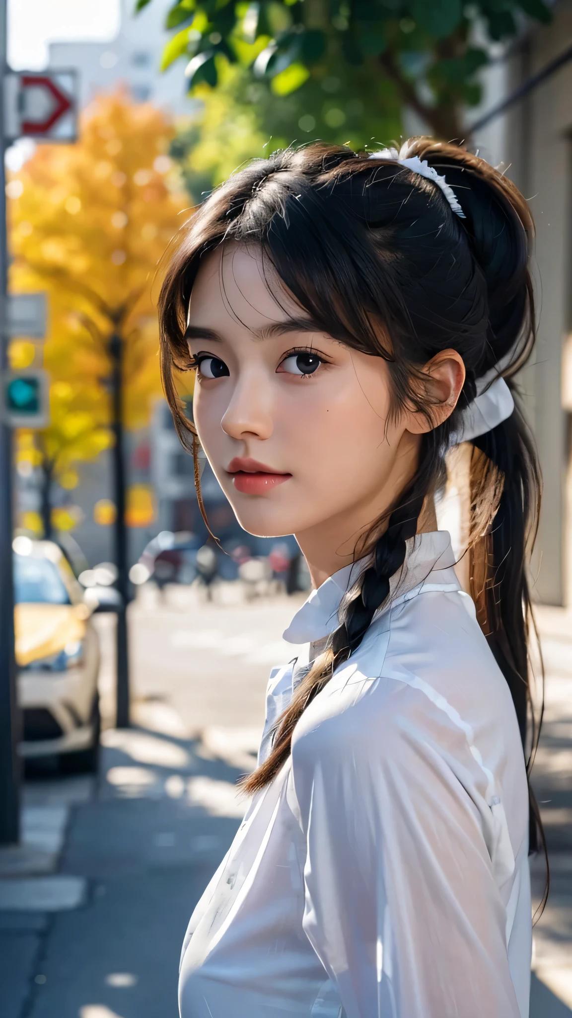 One woman,fully body photo,masutepiece, The highest image quality, High quality, the background is clear,Beautiful woman, Japanese, Detailed, Detailed eyes, Detailed skin, Beautiful skin, 超hight resolution, (reality: 1.4),Very beautiful woman, Slightly younger face, Beautiful skin, slender, (Ultra photo realsisim), (hight resolution), (8K), (Very detailed) (beautifully detailed eyes), (super detailed), (Detailed face), view the viewer, Fine details, Detailed face, Staring straight ahead, Staring straight ahead, photos realistic, Bright lighting, Professional Lighting, Black hair,poneyTail,a baby face,sixteen years old,Hairstyle is ponytail,long ponytail hairstyle,slight smile,wearing business suit,the street Office Buildings,