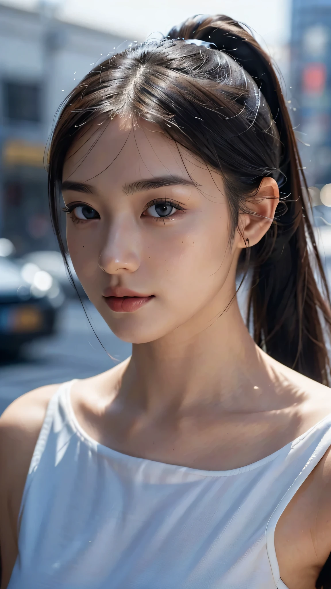 One woman,fully body photo,masutepiece, The highest image quality, High quality, the background is clear,Beautiful woman, Japanese, Detailed, Detailed eyes, Detailed skin, Beautiful skin, 超hight resolution, (reality: 1.4),Very beautiful woman, Slightly younger face, Beautiful skin, slender, (Ultra photo realsisim), (hight resolution), (8K), (Very detailed) (beautifully detailed eyes), (super detailed), (Detailed face), view the viewer, Fine details, Detailed face, Staring straight ahead, Staring straight ahead, photos realistic, Bright lighting, Professional Lighting, Black hair,poneyTail,a ,sixteen ye is ponytail,long ponytail hairstyle,slight smile,wearing business suit,the street Office Buildings,