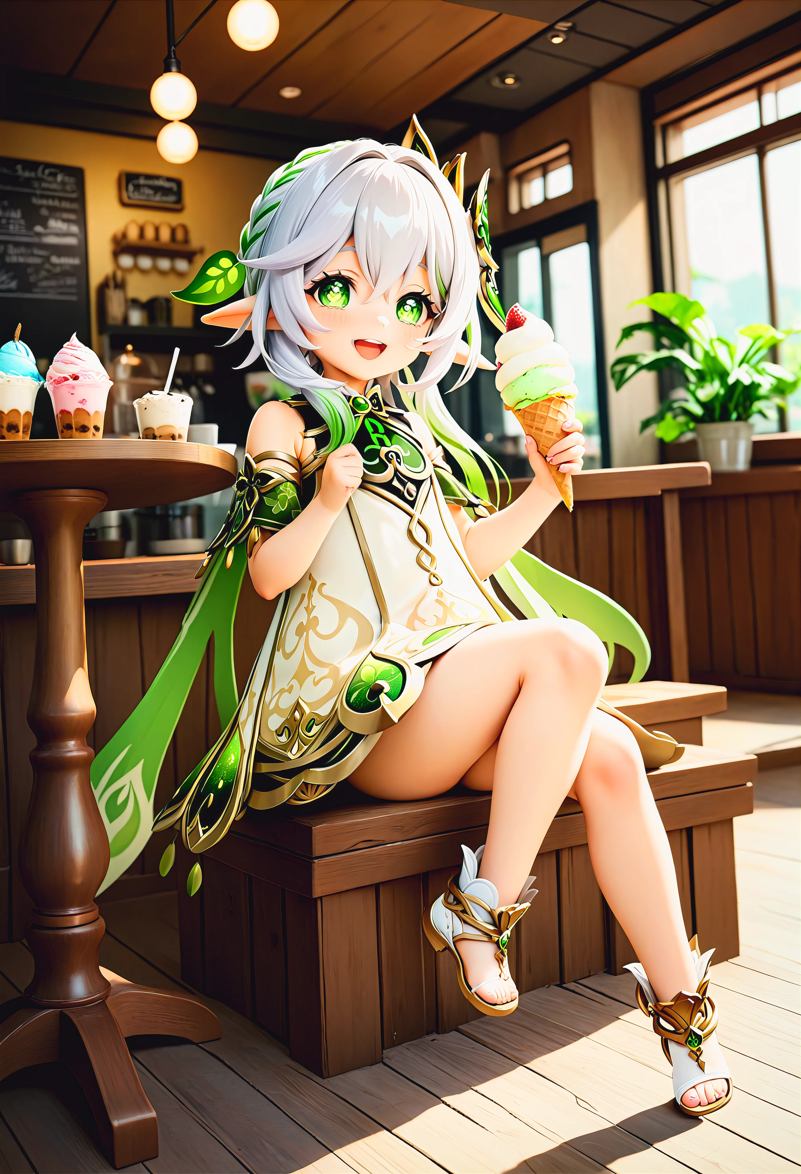 1girl, nahida \(genshin impact\), sitting, full body, smile, indoor, cafe, looking at viewer, holding ice cream, ice cream, happy, open mouth, masterpiece, best quality, 