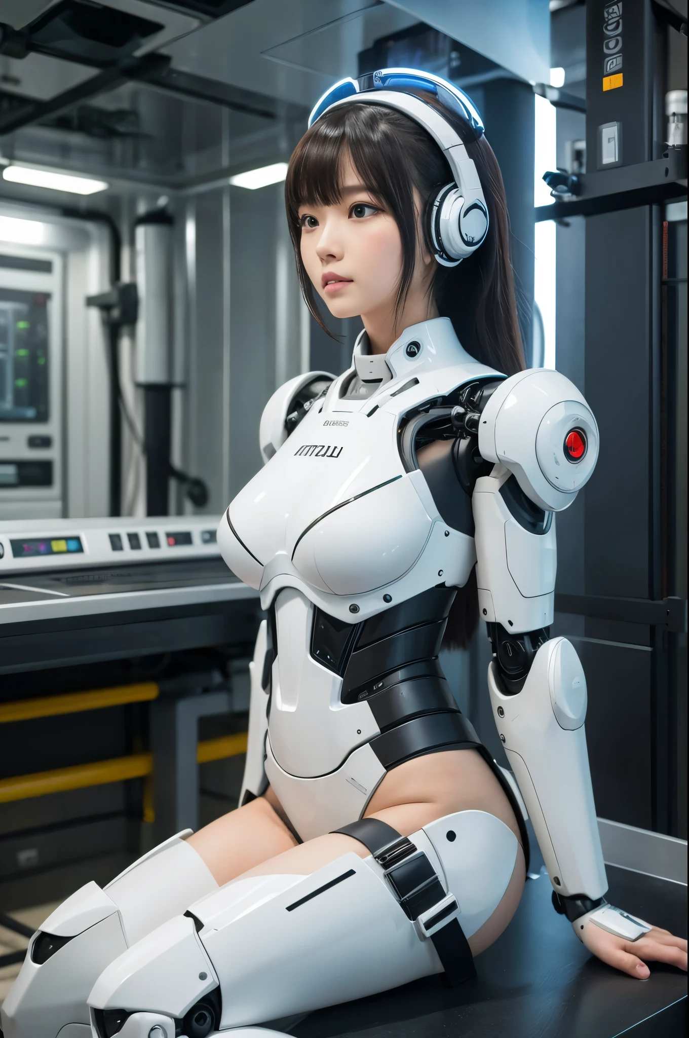 masterpiece, best quality, extremely detailed, Japaese android Girl,Plump,control panels,Mechanical Hand, Robot arms and legs,Mechanical body,Blunt bangs,perfect mechanical abdomen,future laboratory,charging spot,She is sitting the charging spot,laboratory,long tube,thick cable connected her neck, white robot body,The removable cover is in the groin,The connection port is in the groin,assembly plant,miniskirt,leather boots,(blue eyes:1.5)
